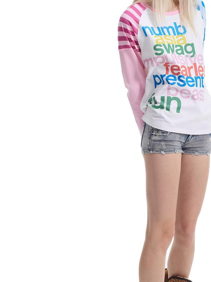 NumbAsia Colorful Print Blue Pink Colorblock Raglan Striped Polka Dot Streetwear Women's Cotton Long Sleeve T-shirts