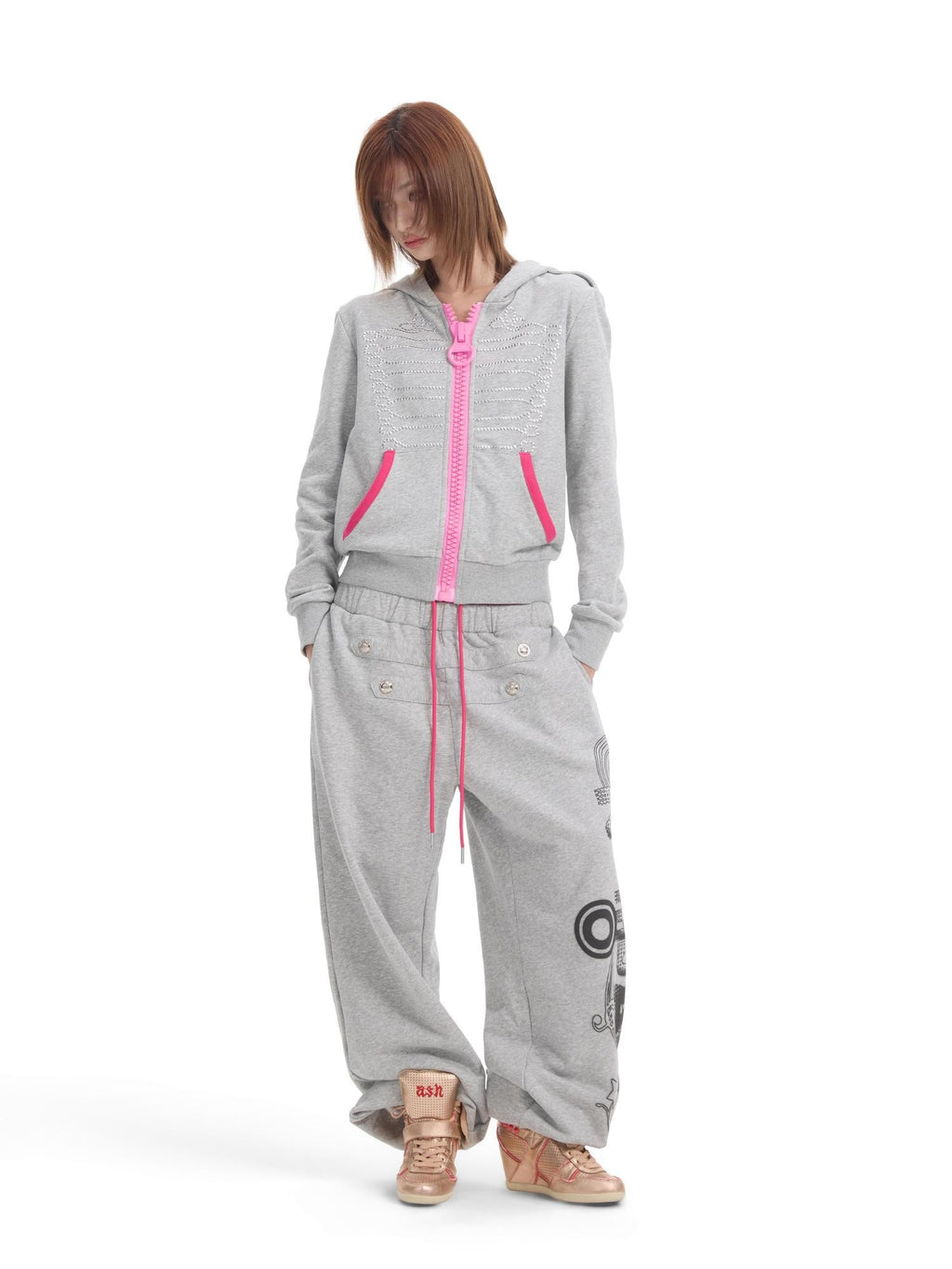 NumbAsia Court Style Contrast Button Print Loose Fit Women's Cotton Sweatpants
