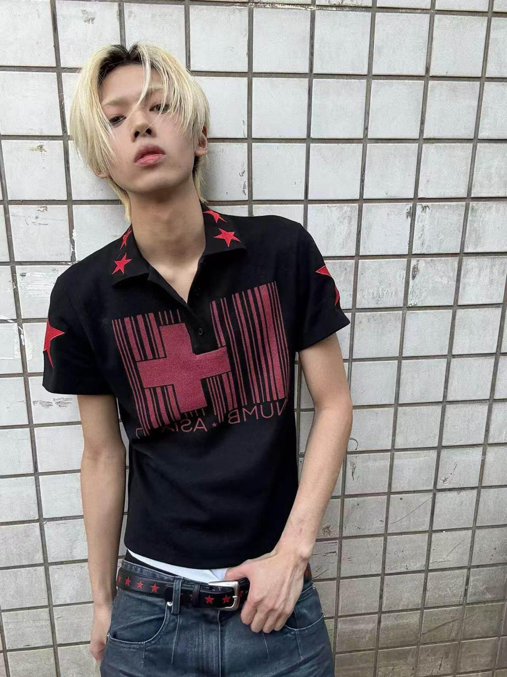 NumbAsia Cross Stripe Flag Star Embroidery Polo Women's Cotton Blend Short Sleeve T-shirts