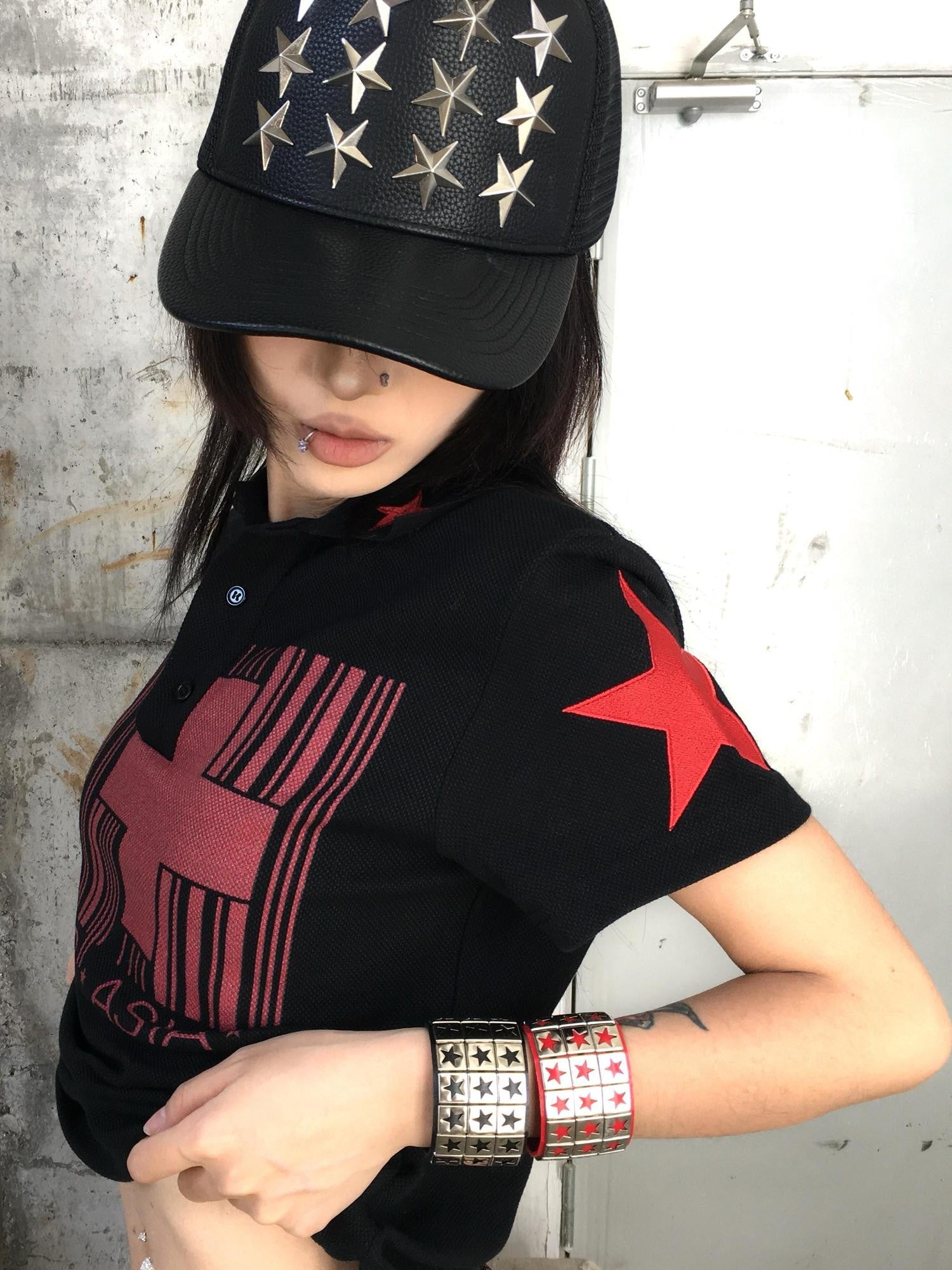 NumbAsia Cross Stripe Flag Star Embroidery Polo Women's Cotton Blend Short Sleeve T-shirts
