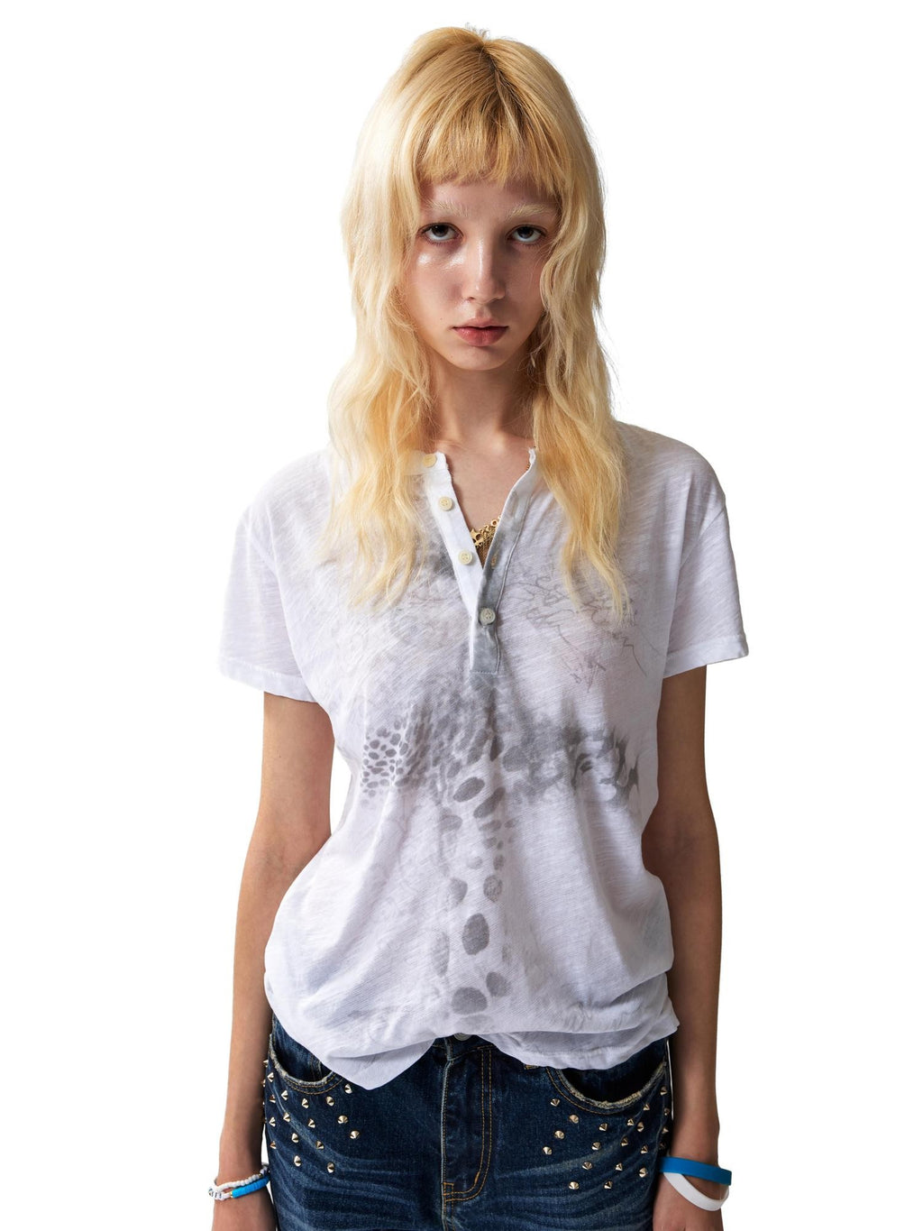 NumbAsia Digital Leopard Print Henley Slim Women's Slub Cotton Short Sleeve T-shirts