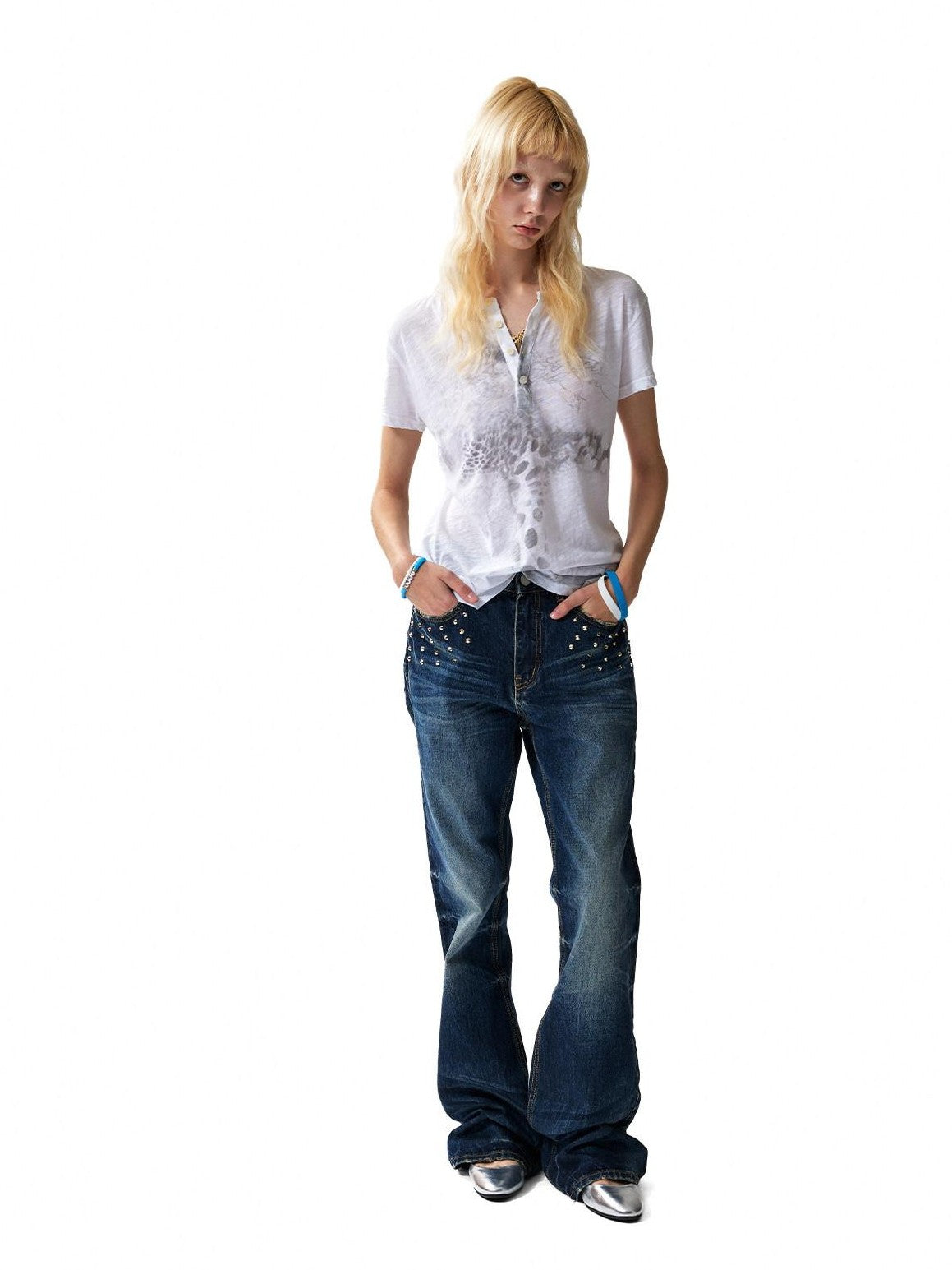NumbAsia Digital Leopard Print Henley Slim Women's Slub Cotton Short Sleeve T-shirts
