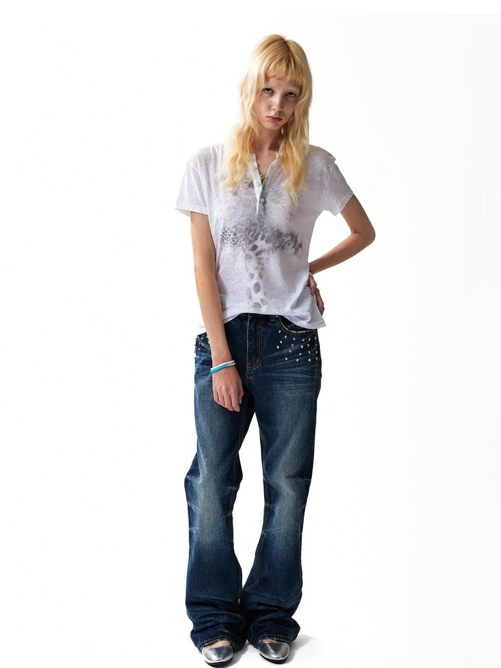 NumbAsia Digital Leopard Print Henley Slim Women's Slub Cotton Short Sleeve T-shirts