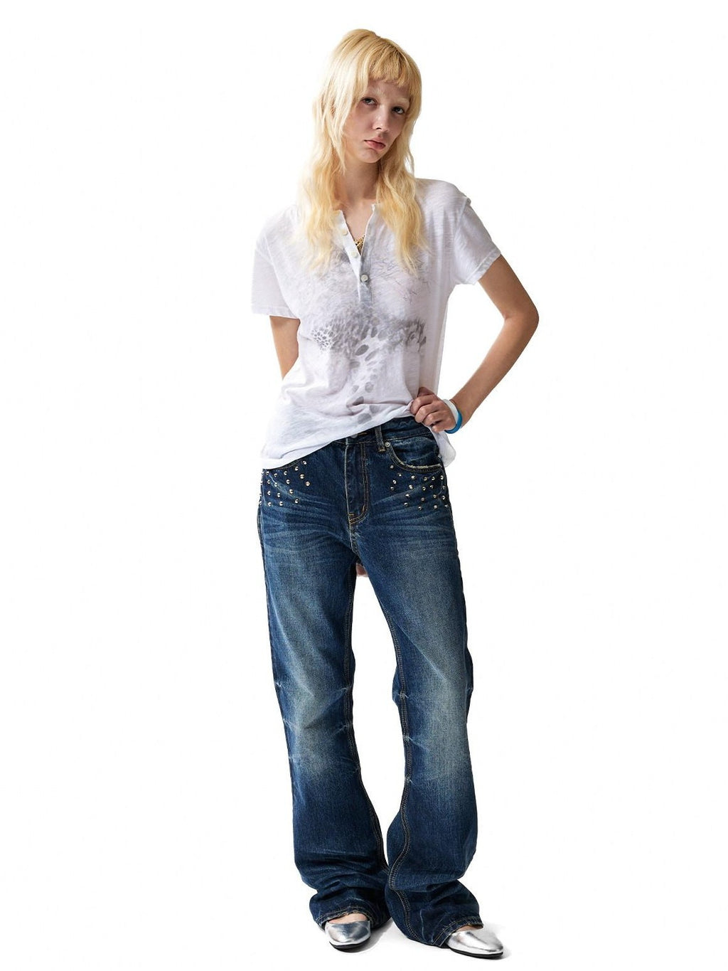 NumbAsia Digital Leopard Print Henley Slim Women's Slub Cotton Short Sleeve T-shirts