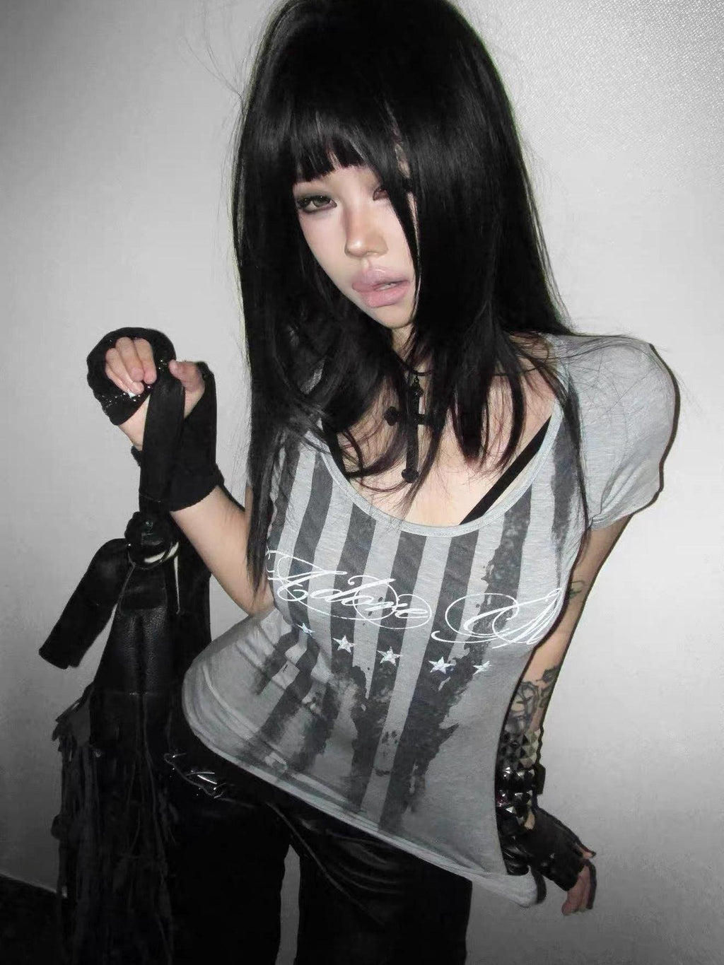 NumbAsia Distressed Flag Digital Print Slim Fit Women's Lyocell Short Sleeve T-shirts