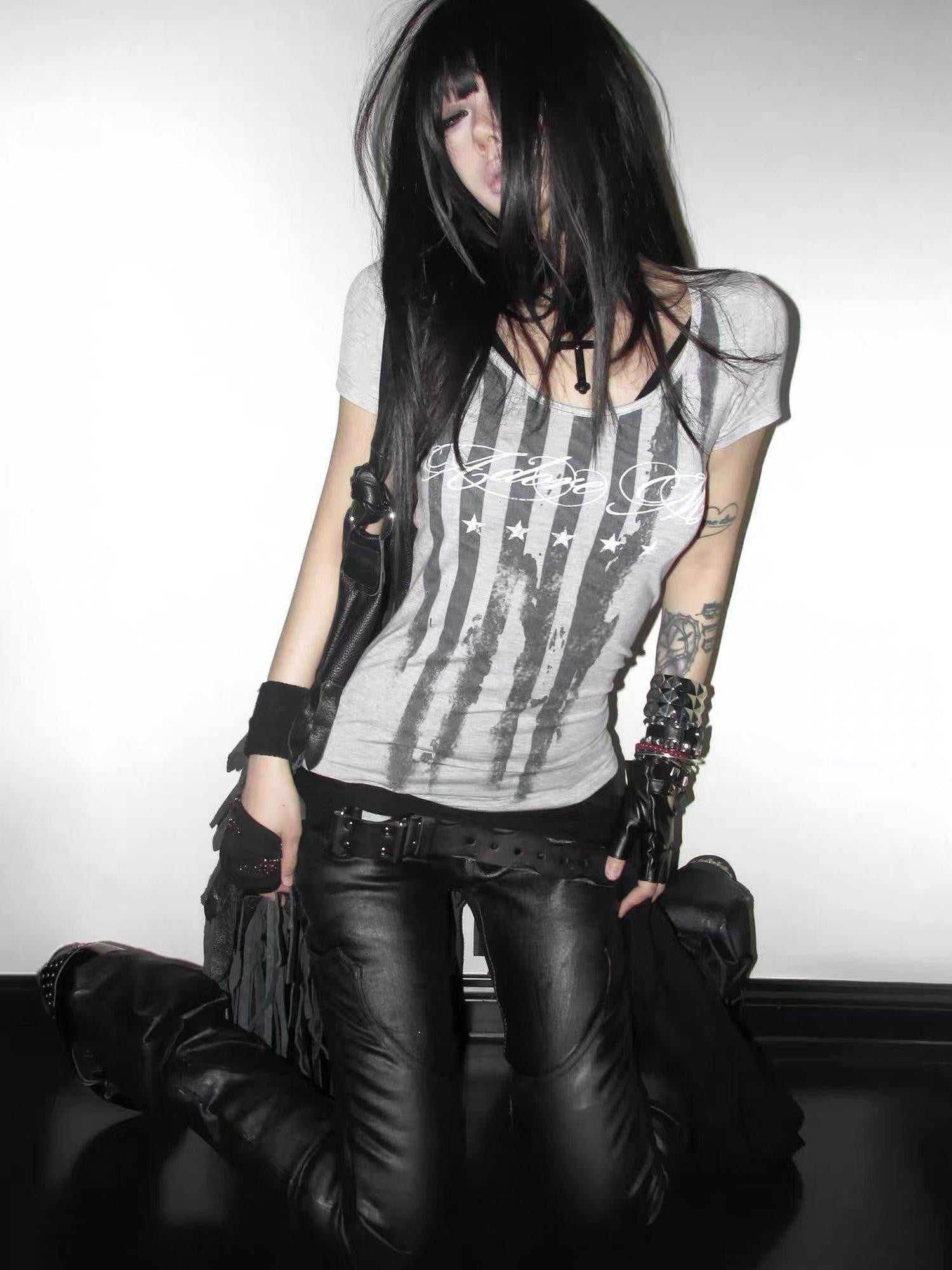 NumbAsia Distressed Flag Digital Print Slim Fit Women's Lyocell Short Sleeve T-shirts