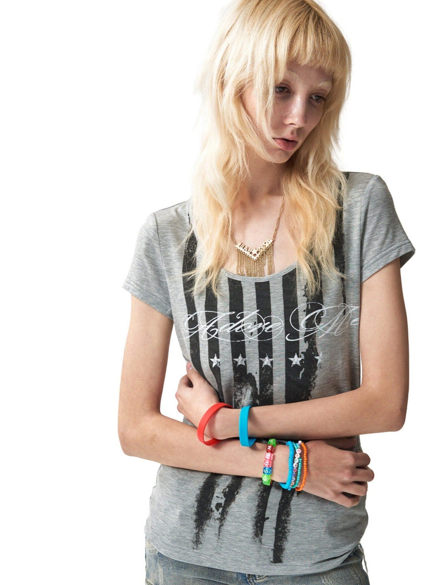 NumbAsia Distressed Flag Digital Print Slim Fit Women's Lyocell Short Sleeve T-shirts