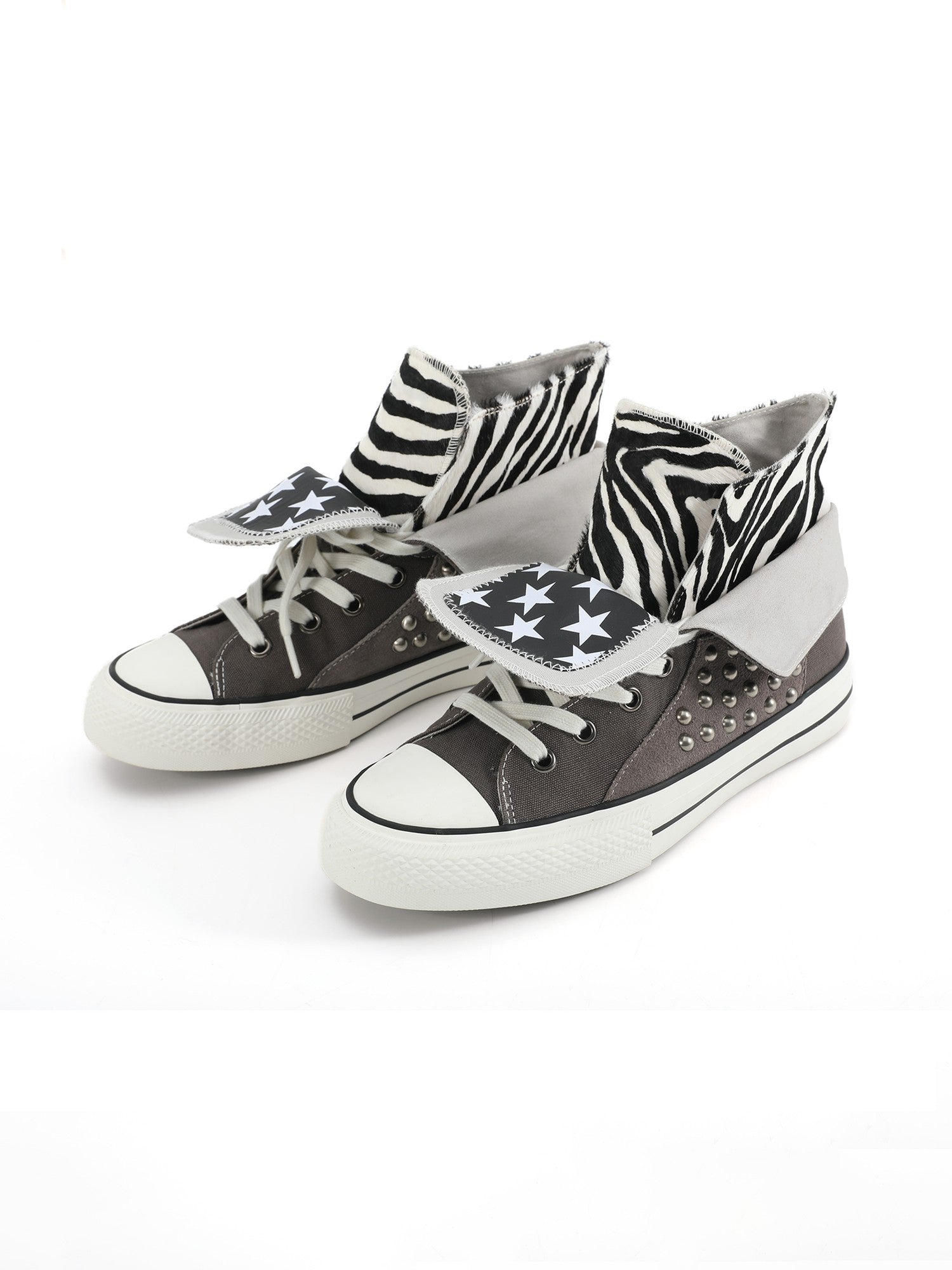 NumbAsia Double Layer Collar Zebra Pony Hair Star Studded Suede Women's Canvas Sneakers
