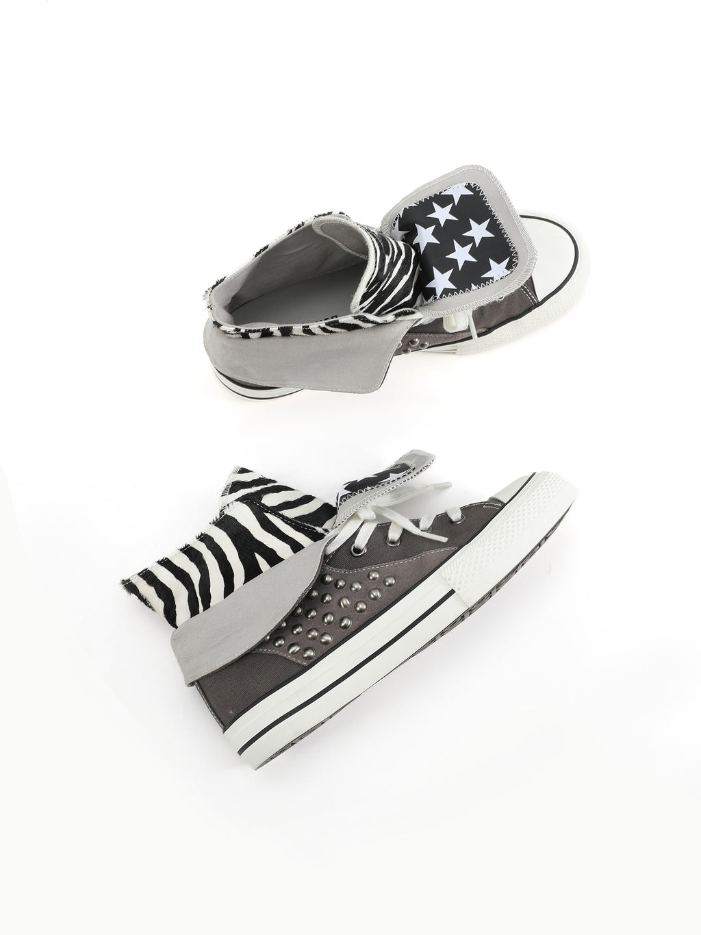 NumbAsia Double Layer Collar Zebra Pony Hair Star Studded Suede Women's Canvas Sneakers