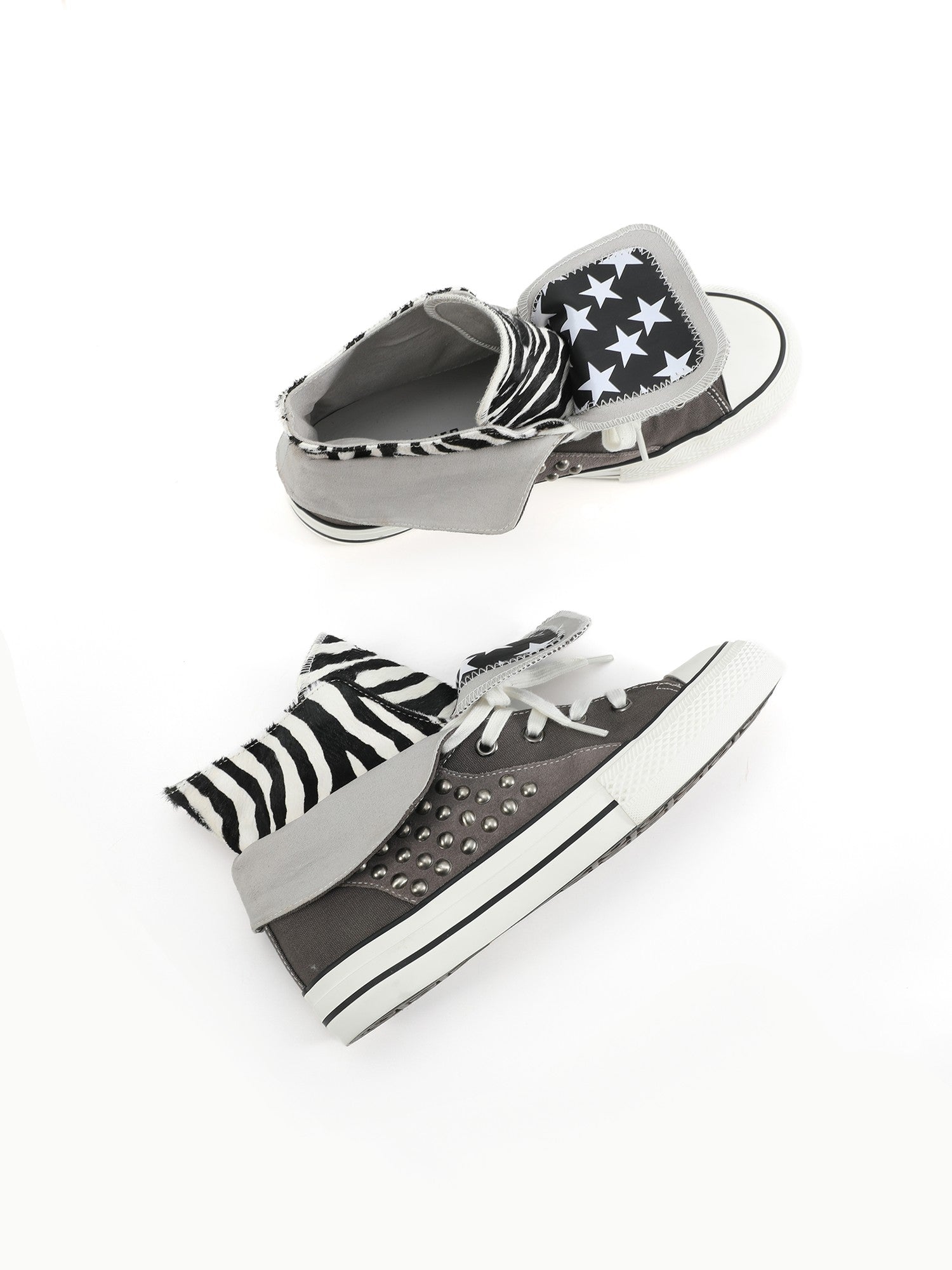 NumbAsia Double Layer Collar Zebra Pony Hair Star Studded Suede Women's Canvas Sneakers
