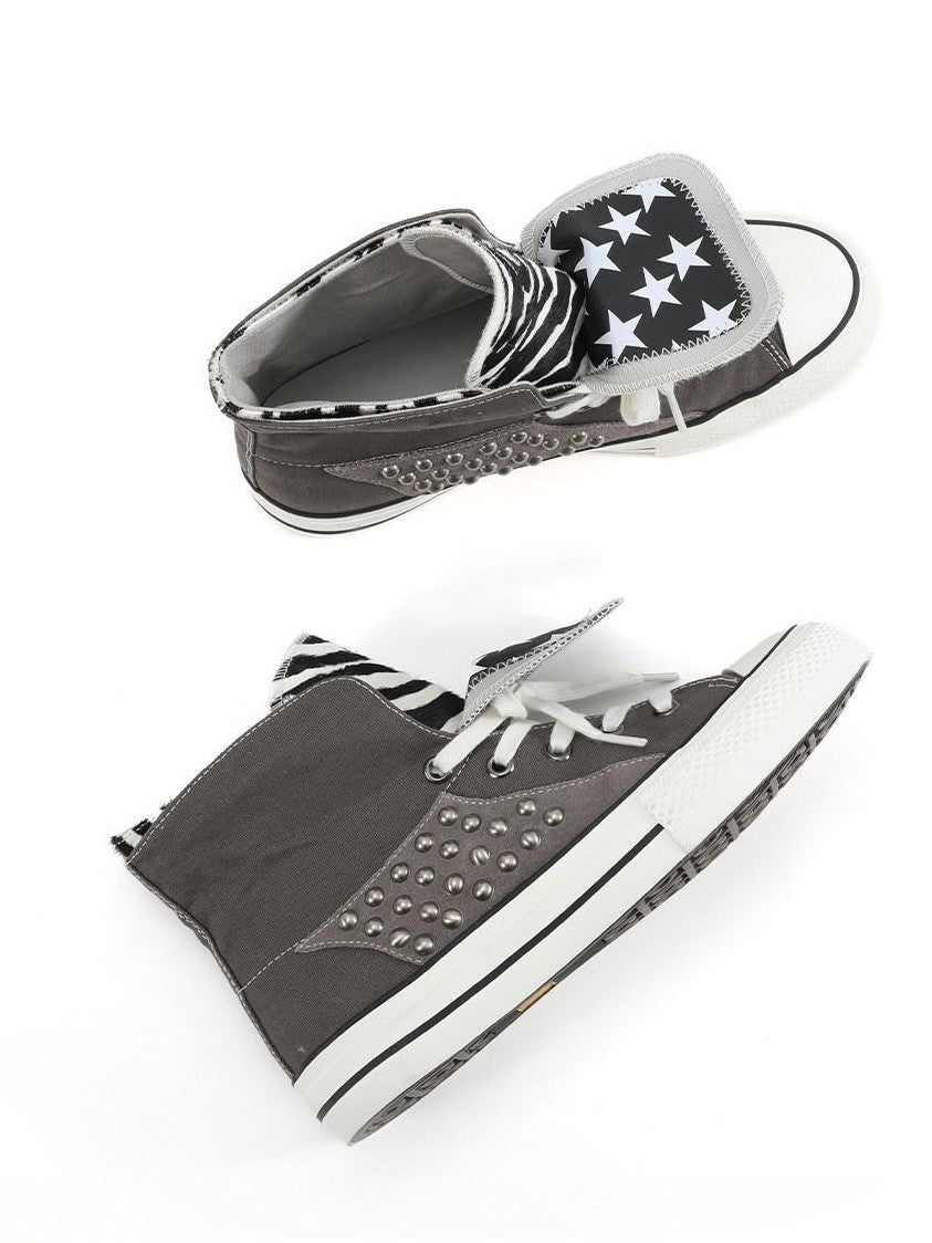 NumbAsia Double Layer Collar Zebra Pony Hair Star Studded Suede Women's Canvas Sneakers
