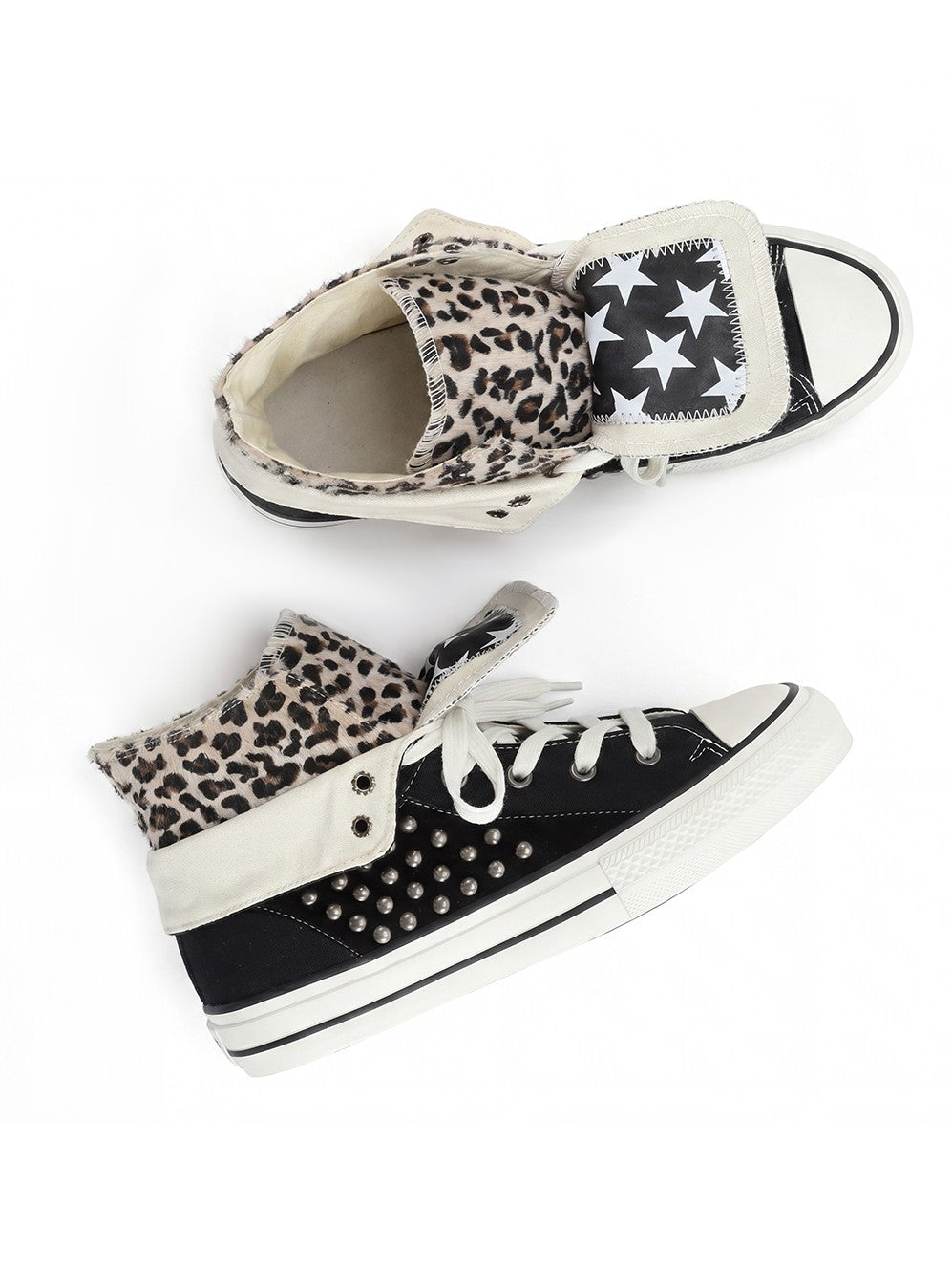 NumbAsia Double Layer Collar Zebra Pony Hair Star Studded Suede Women's Canvas Sneakers