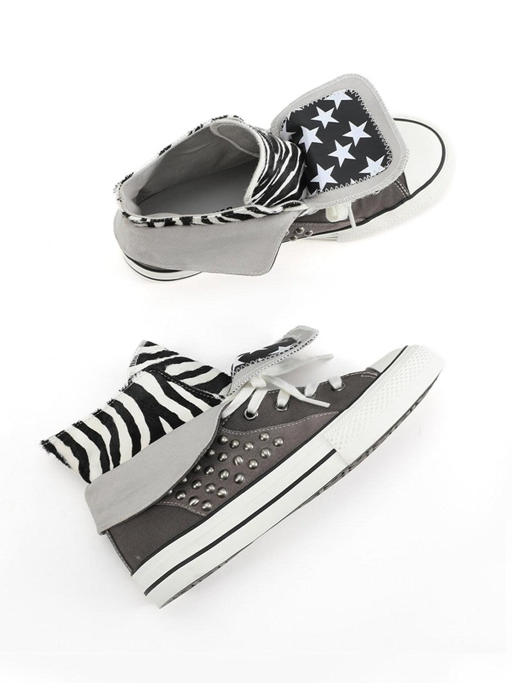 NumbAsia Double Layer Collar Zebra Pony Hair Star Studded Suede Women's Canvas Sneakers