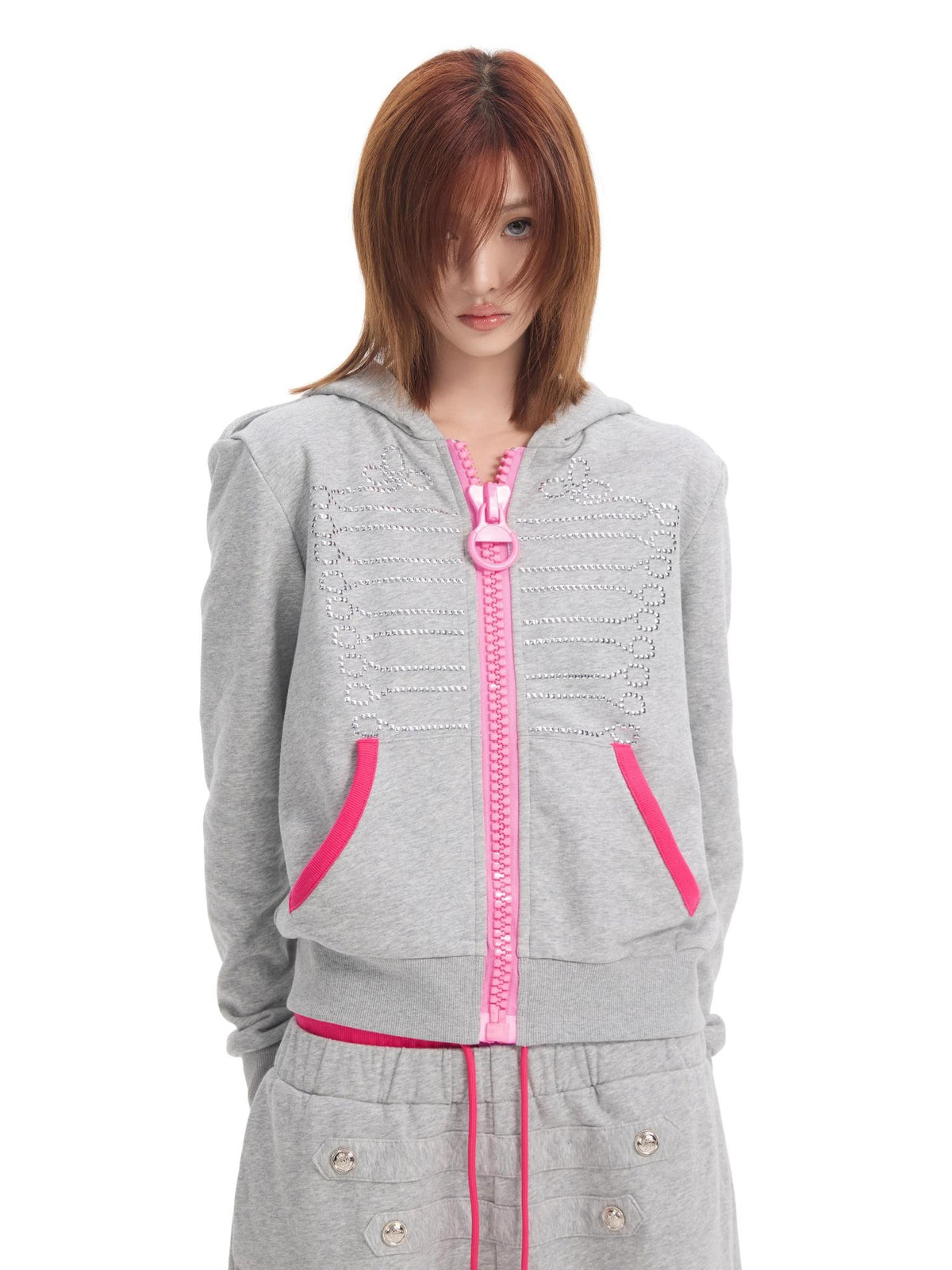 NumbAsia Embroidered Pink Palace Style Women's Cotton Blend Zip-up Hoodies