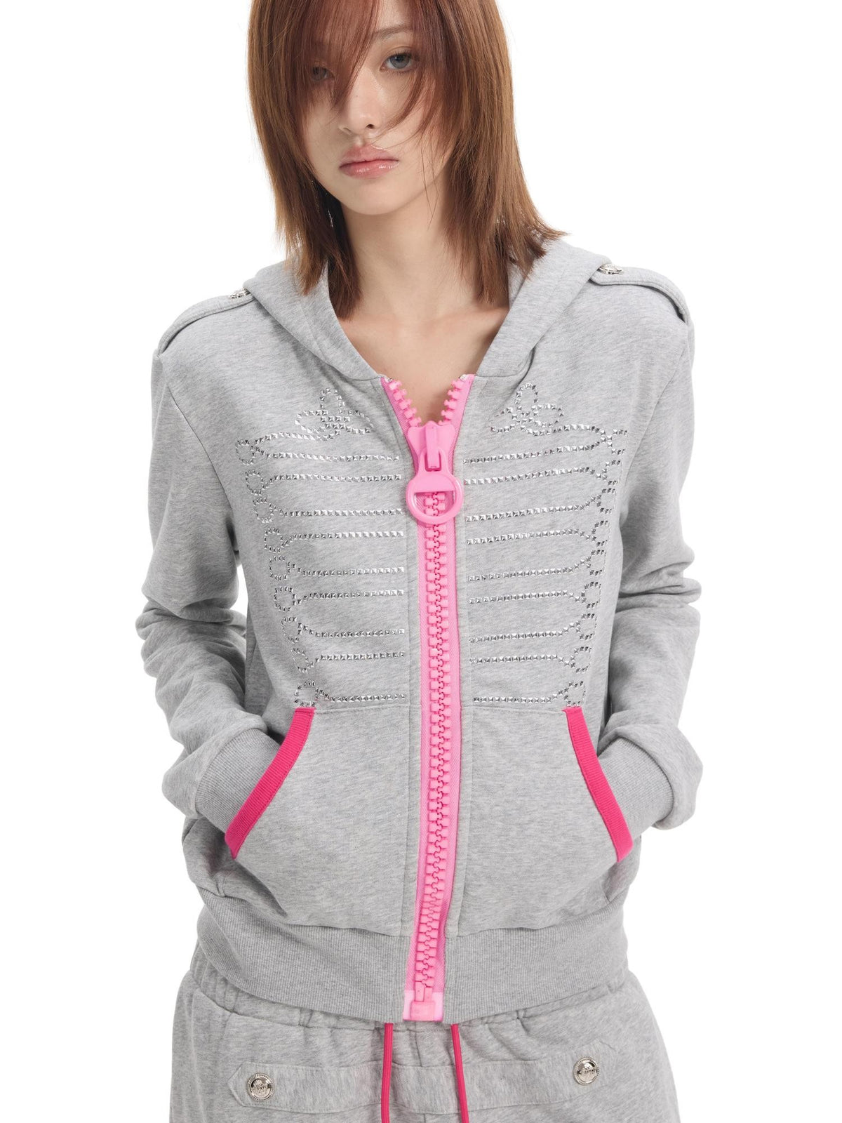 NumbAsia Embroidered Pink Palace Style Women's Cotton Blend Zip-up Hoodies
