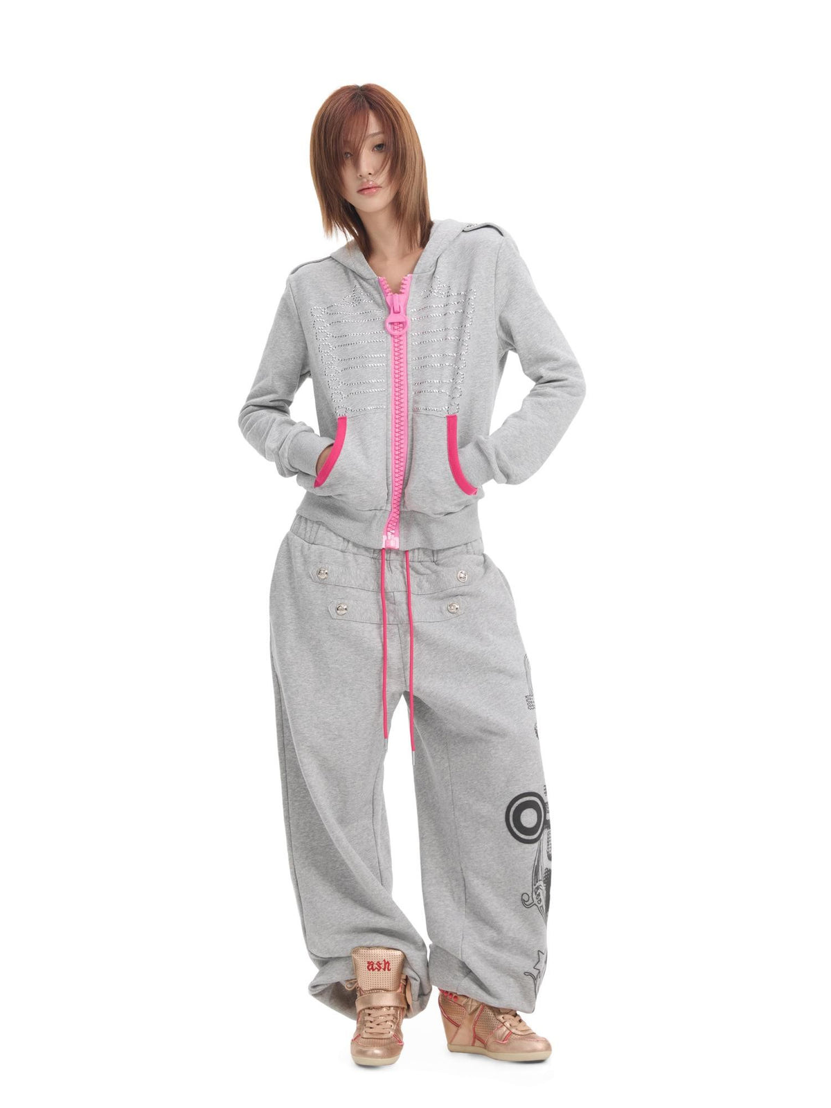 NumbAsia Embroidered Pink Palace Style Women's Cotton Blend Zip-up Hoodies