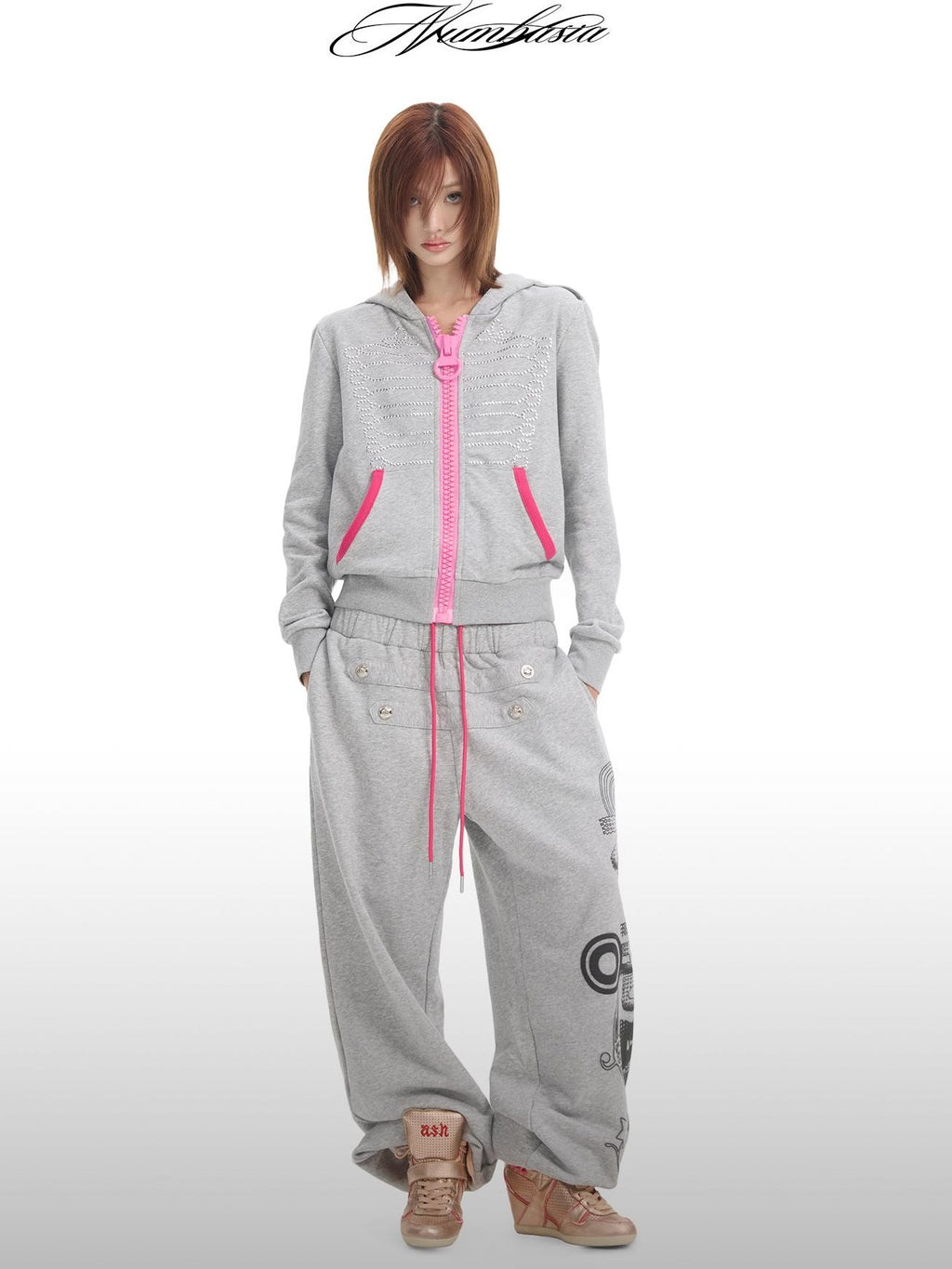 NumbAsia Embroidered Pink Palace Style Women's Cotton Blend Zip-up Hoodies