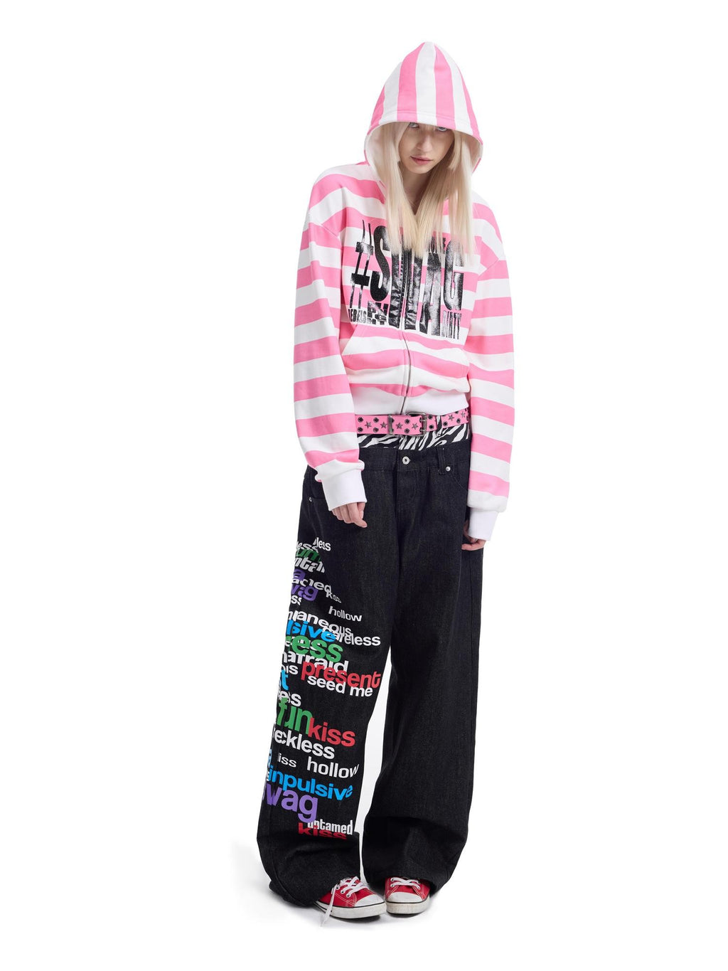 NumbAsia Glitter Print Striped Loose Drop Shoulder Streetwear Women's Cotton Zip-up Hoodies