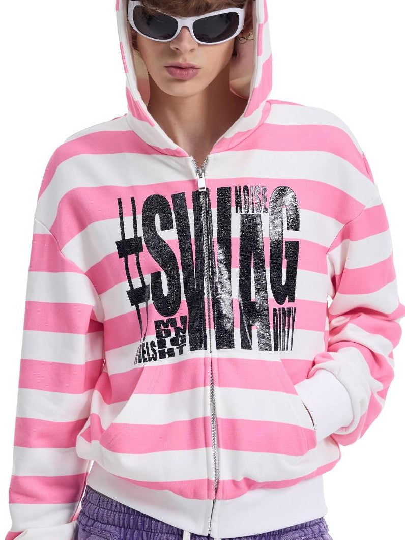 NumbAsia Glitter Print Striped Loose Drop Shoulder Streetwear Women's Cotton Zip-up Hoodies