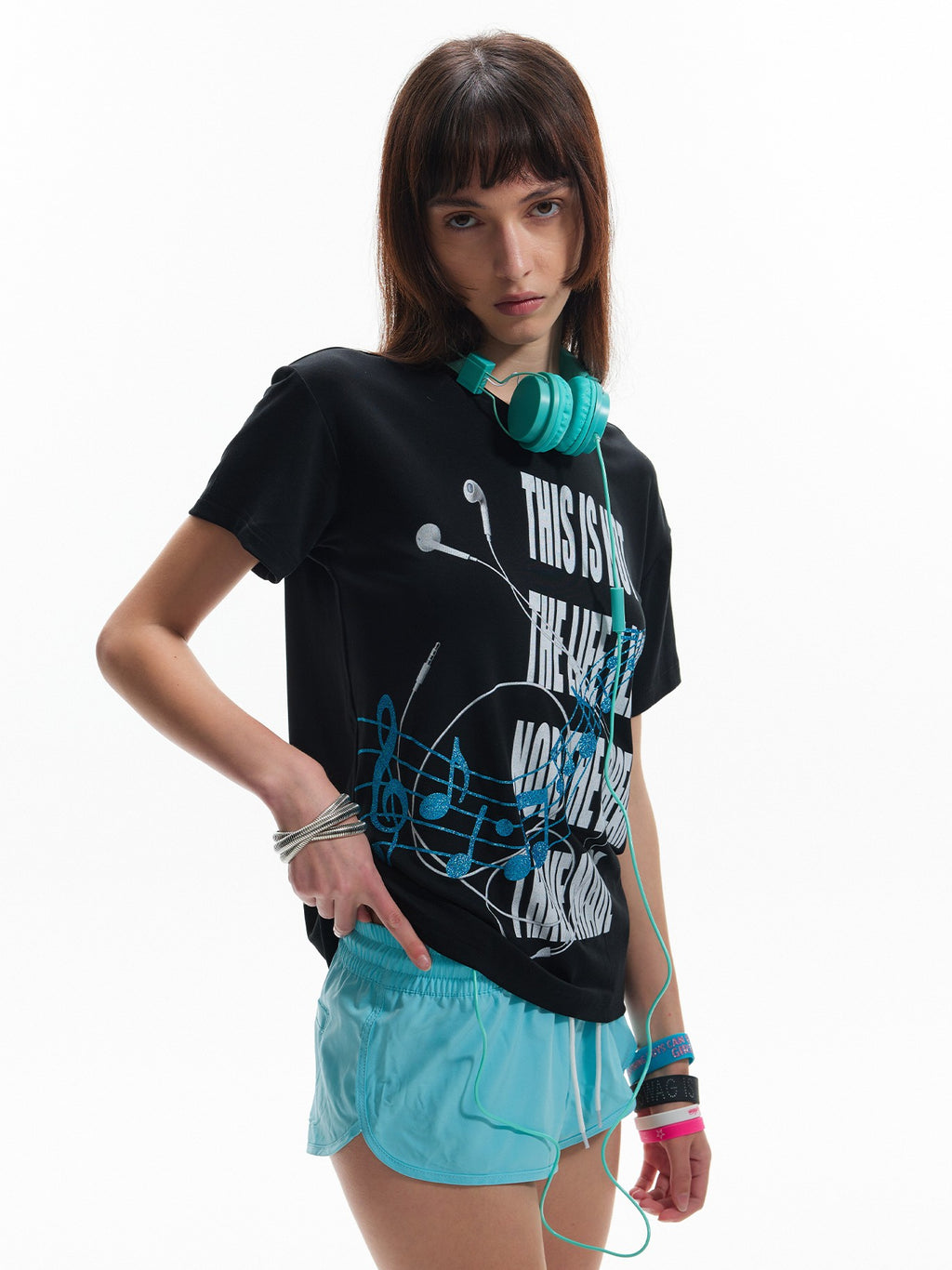 NumbAsia Glitter Vain Slogan Headphone Note Print Women's Modal Short Sleeve T-shirts