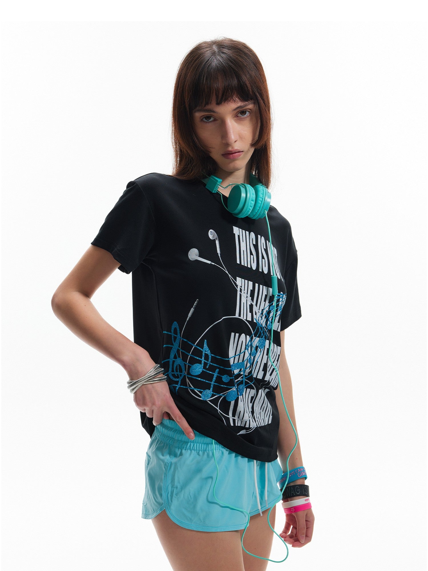 NumbAsia Glitter Vain Slogan Headphone Note Print Women's Modal Short Sleeve T-shirts