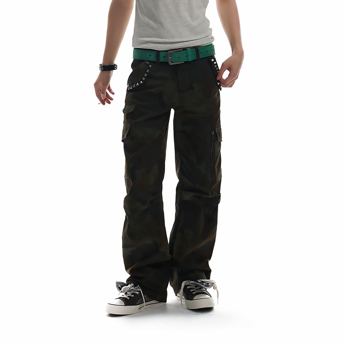 NumbAsia_Green_Heavy_Rivet_Multi_Pocket_Pleated_Slim_Flare_Women's_Cotton_Cargo_Pants_1049912335185_MISSTT