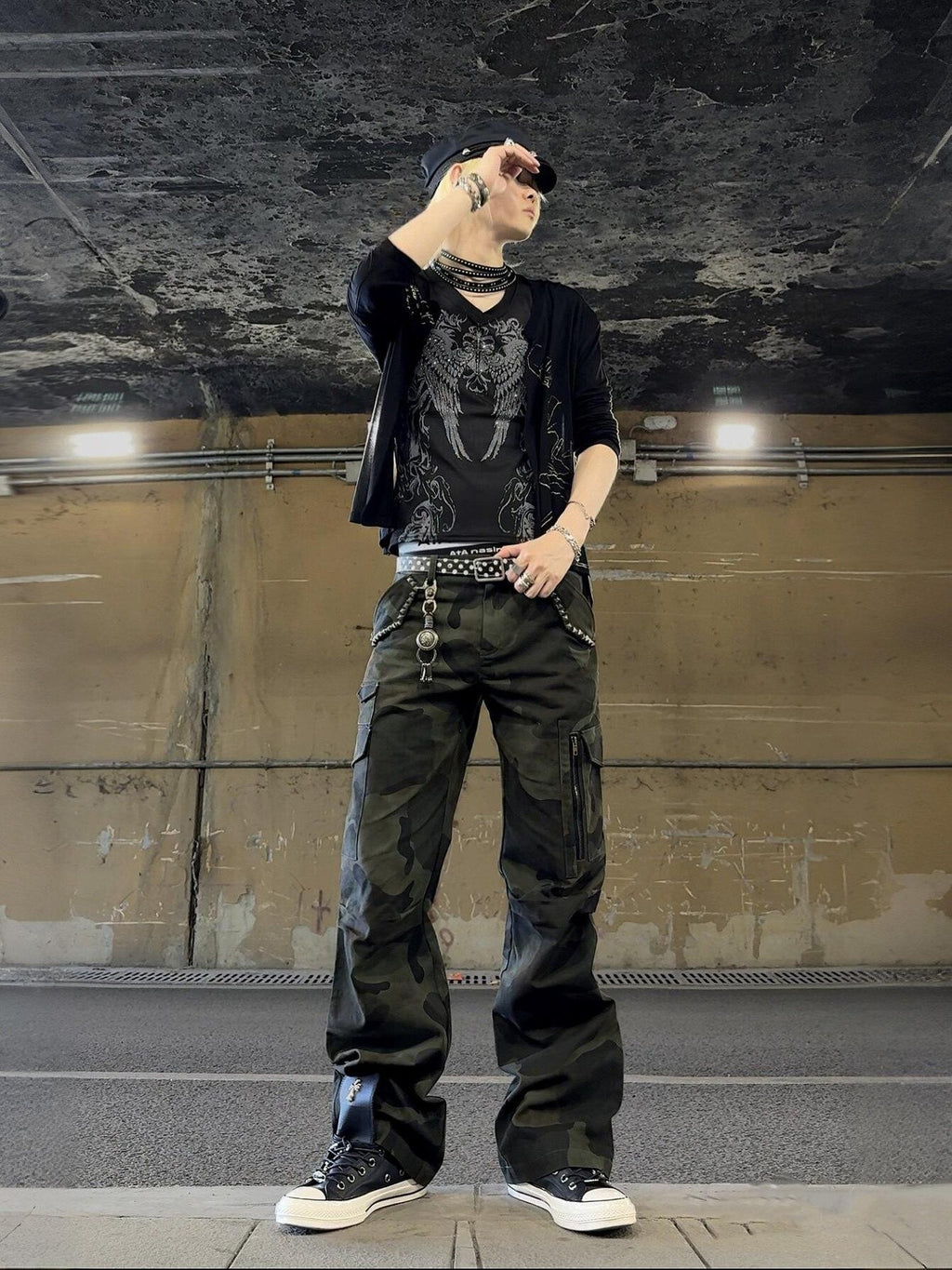 NumbAsia Green Heavy Rivet Multi Pocket Pleated Slim Flare Women's Cotton Cargo Pants