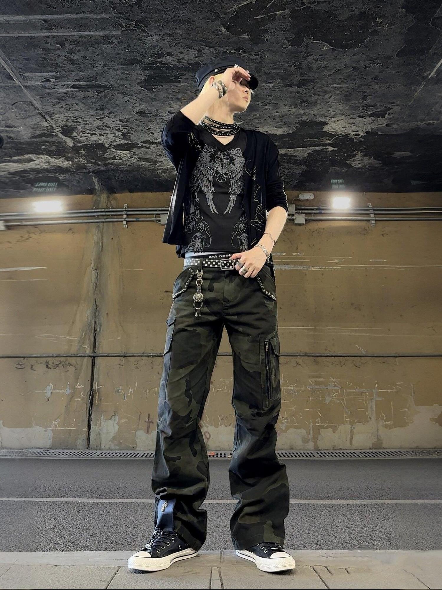 NumbAsia Green Heavy Rivet Multi Pocket Pleated Slim Flare Women's Cotton Cargo Pants