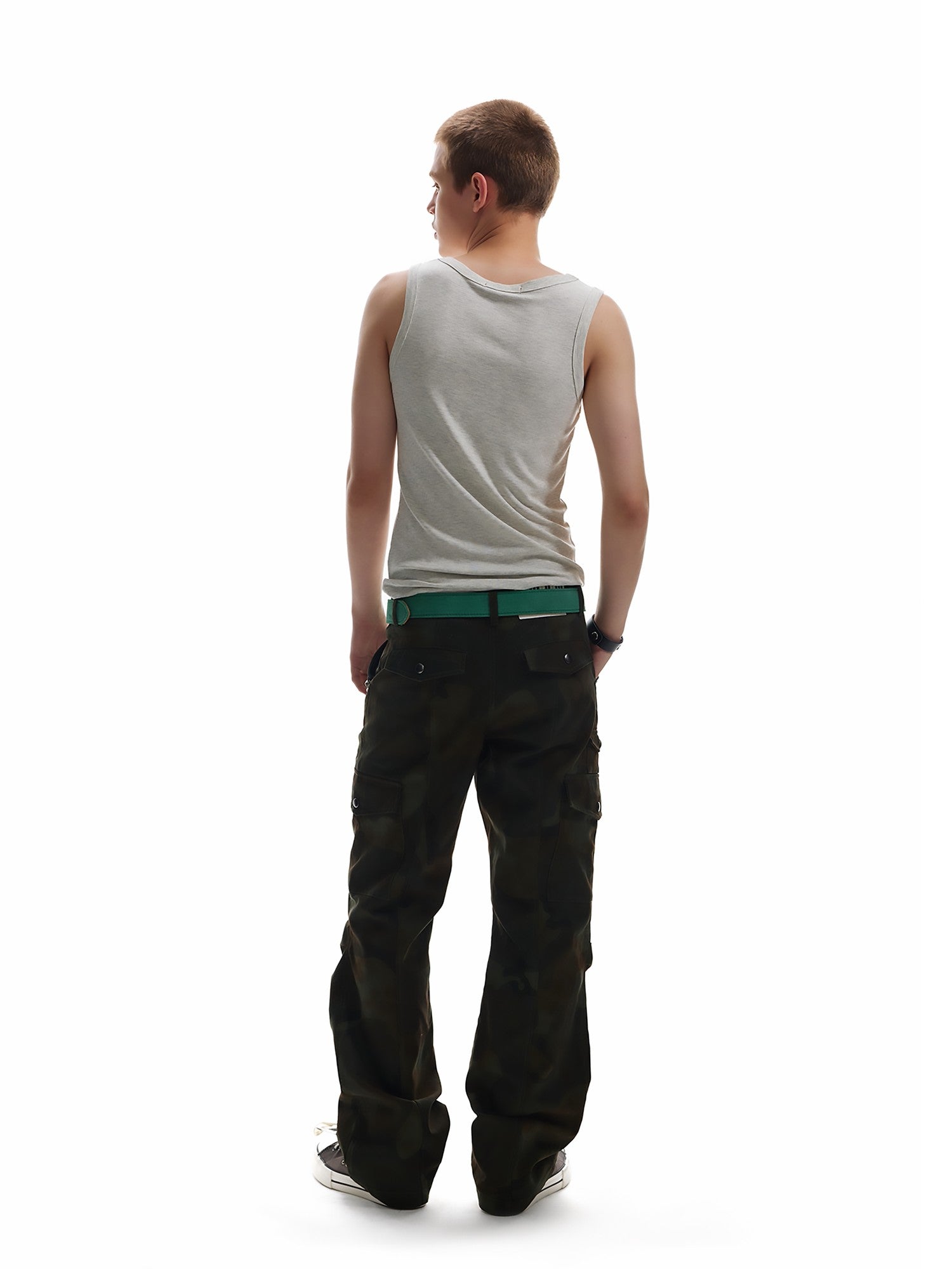 NumbAsia Green Heavy Rivet Multi Pocket Pleated Slim Flare Women's Cotton Cargo Pants
