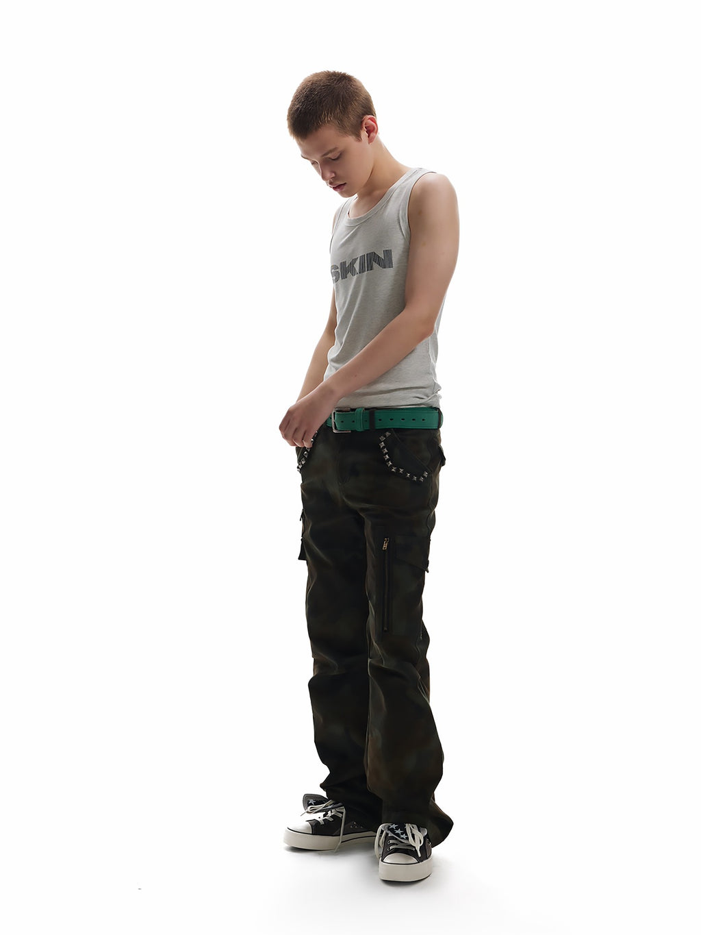 NumbAsia Green Heavy Rivet Multi Pocket Pleated Slim Flare Women's Cotton Cargo Pants