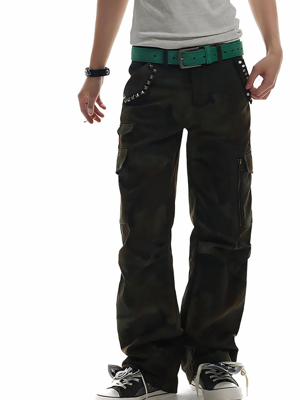 NumbAsia Green Heavy Rivet Multi Pocket Pleated Slim Flare Women's Cotton Cargo Pants