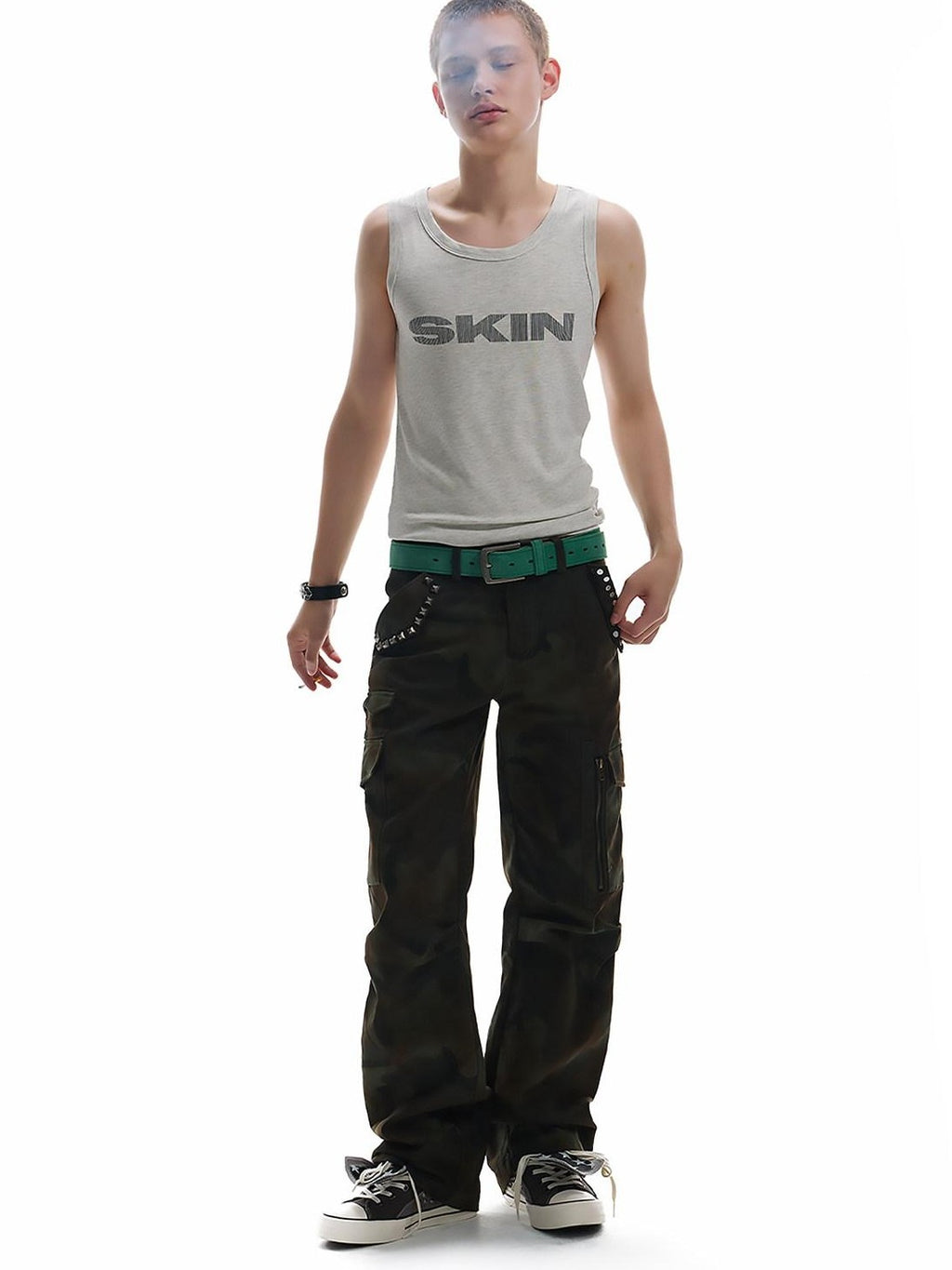 NumbAsia Green Heavy Rivet Multi Pocket Pleated Slim Flare Women's Cotton Cargo Pants