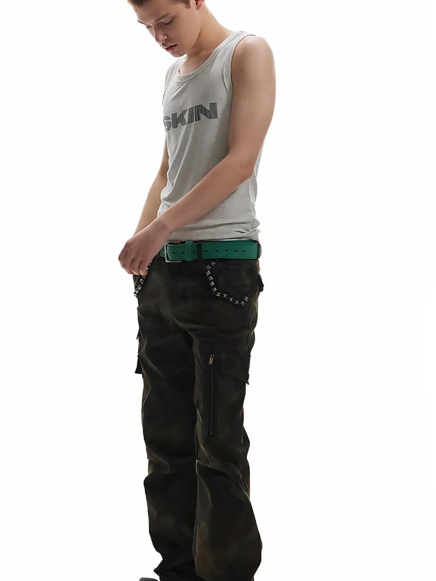 NumbAsia Green Heavy Rivet Multi Pocket Pleated Slim Flare Women's Cotton Cargo Pants