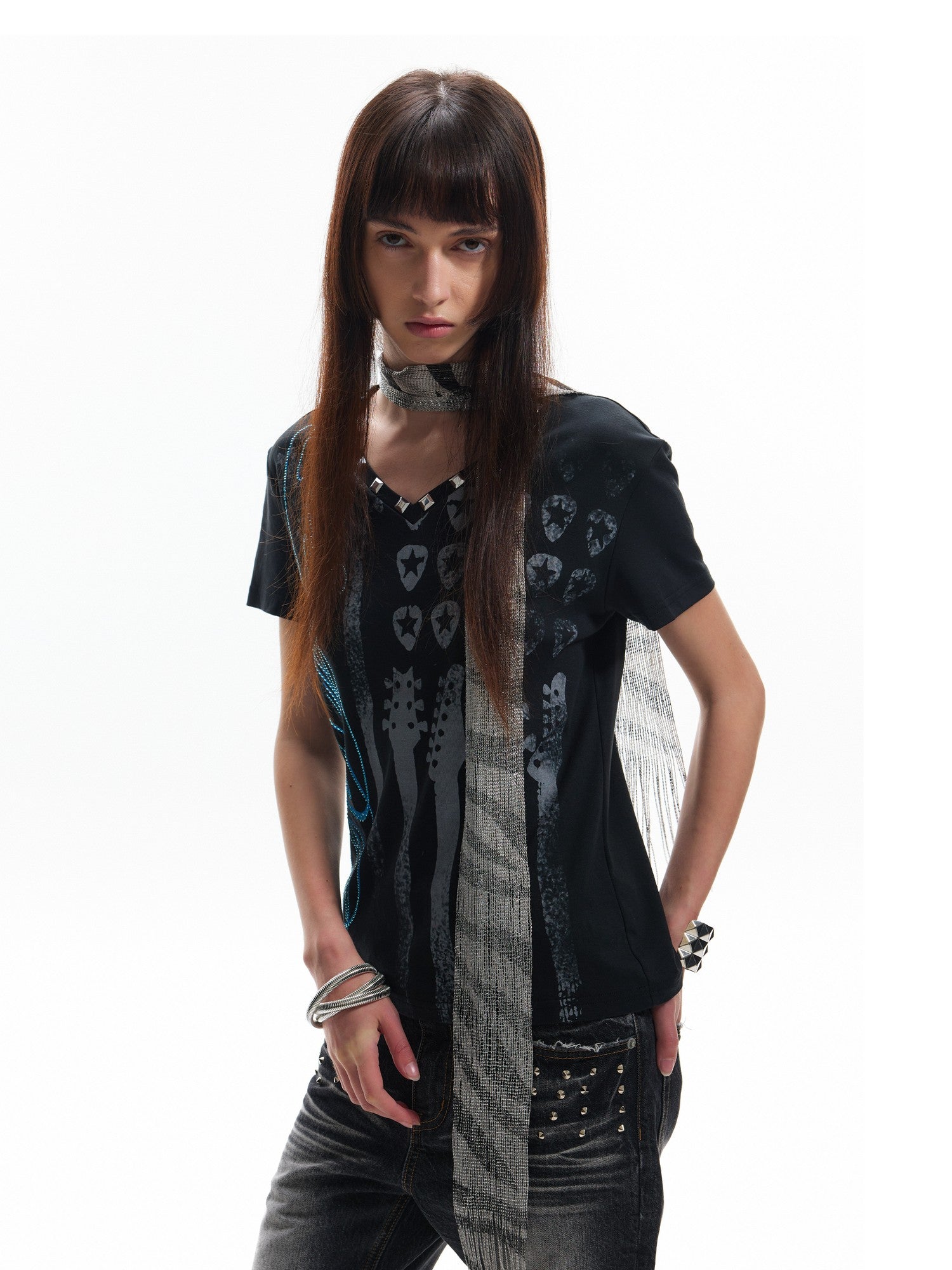 NumbAsia Guitar Pick Rhinestone Stars Stripes V-neck Women's Short Sleeve T-shirts