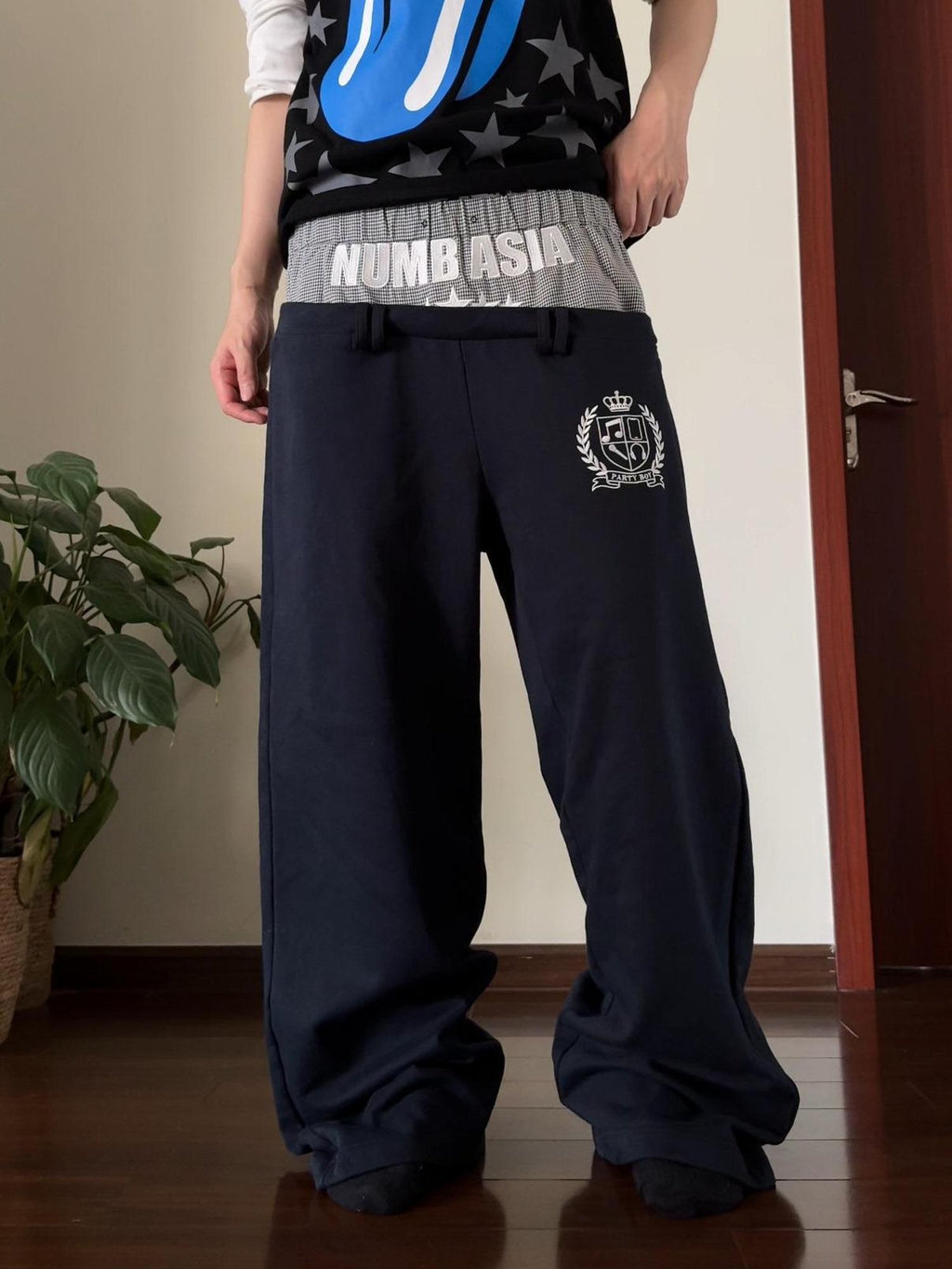 NumbAsia Houndstooth Star Embroidered Dual Waist Loose Streetwear Women's Cotton Sweatpants