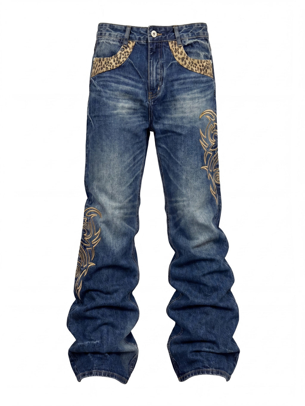 NumbAsia Leopard Patchwork Totem Asymmetric Embroidery Women's Denim Straight-leg Jeans