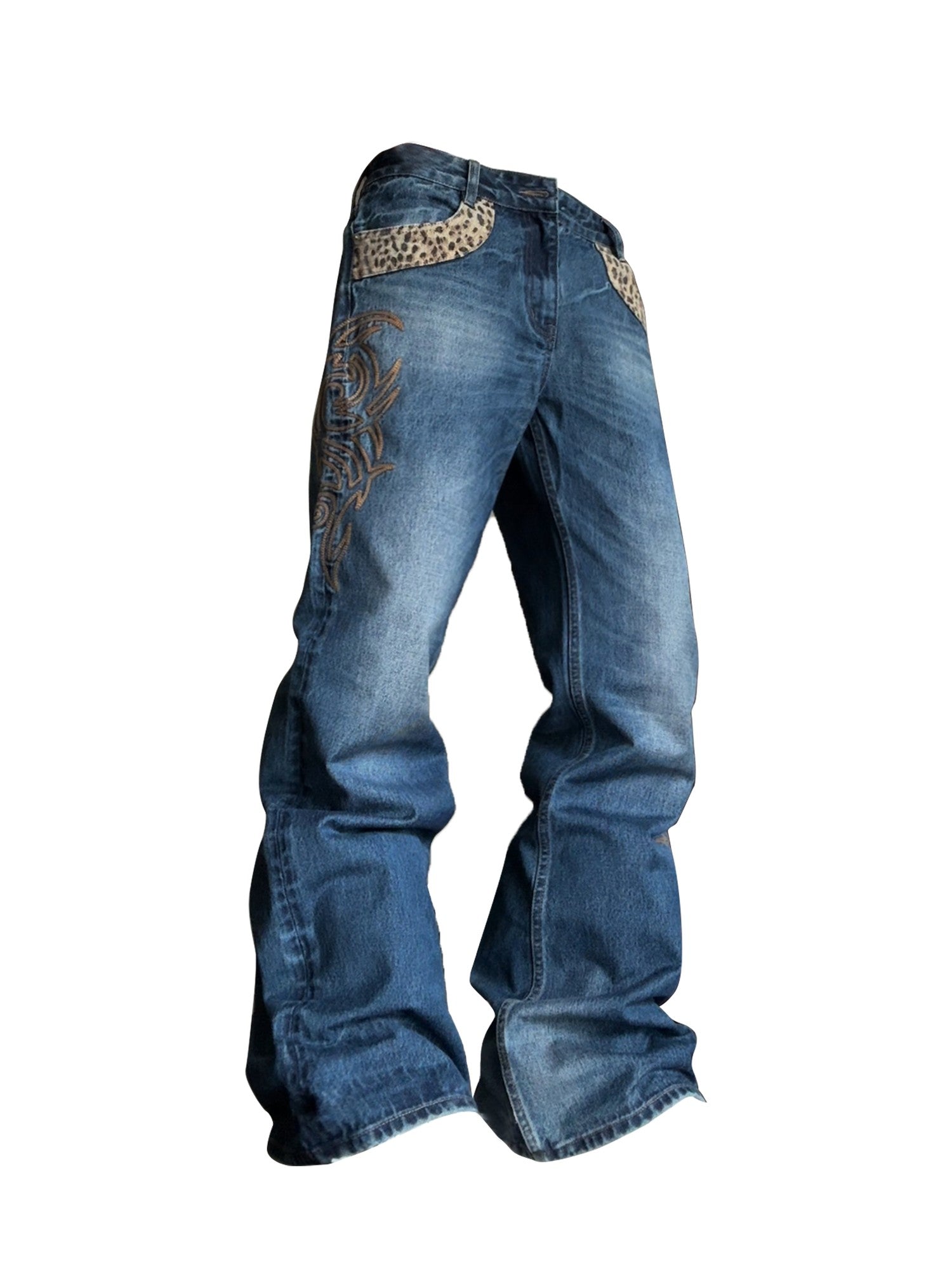 NumbAsia Leopard Patchwork Totem Asymmetric Embroidery Women's Denim Straight-leg Jeans