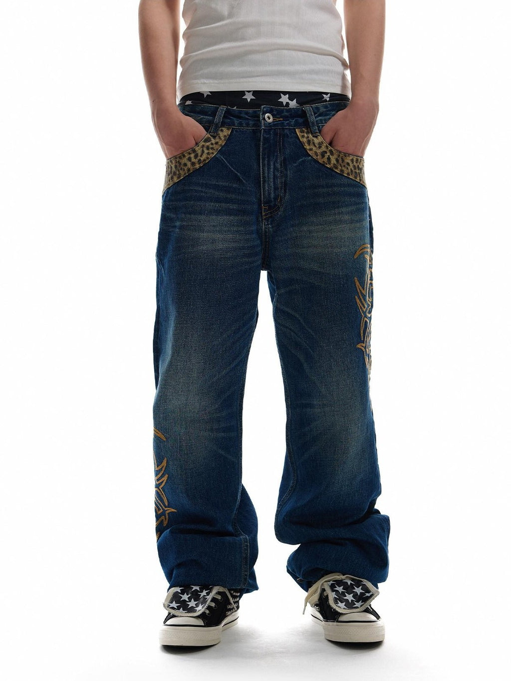 NumbAsia Leopard Patchwork Totem Asymmetric Embroidery Women's Denim Straight-leg Jeans
