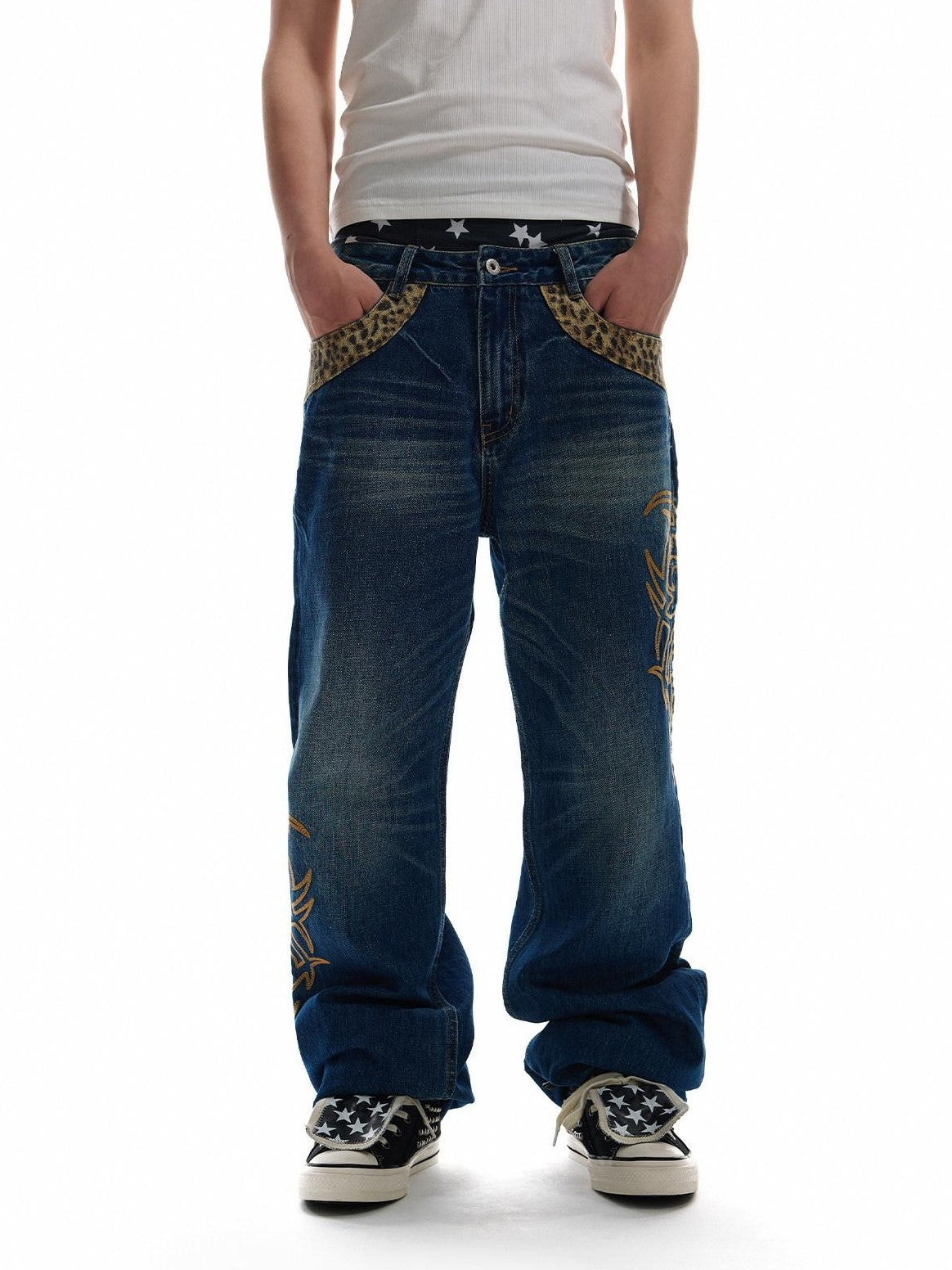 NumbAsia Leopard Patchwork Totem Asymmetric Embroidery Women's Denim Straight-leg Jeans