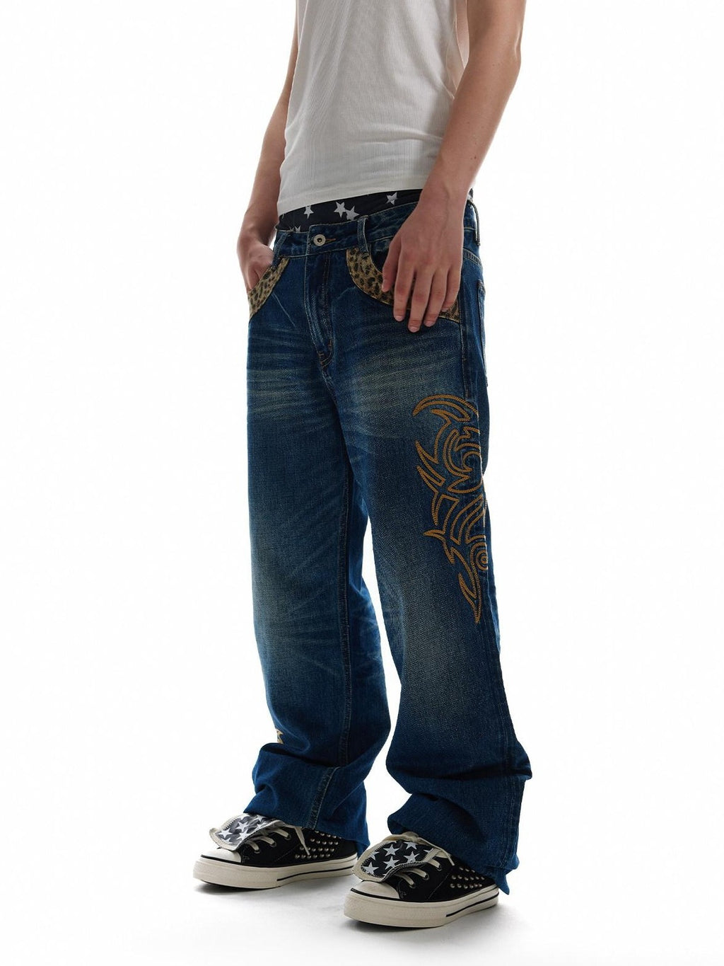 NumbAsia Leopard Patchwork Totem Asymmetric Embroidery Women's Denim Straight-leg Jeans