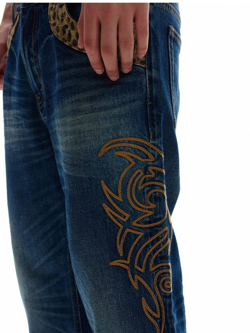NumbAsia Leopard Patchwork Totem Asymmetric Embroidery Women's Denim Straight-leg Jeans