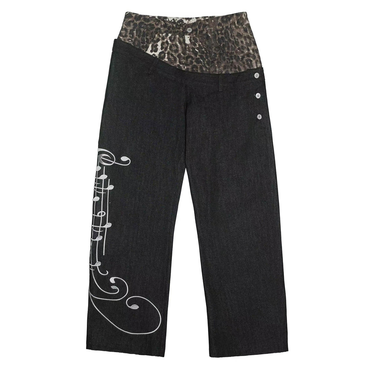 NumbAsia_Leopard_Print_Musical_Note_Embroidered_Slanted_Waist_Women's_Cotton_Baggy_Selvedge_Jeans_1059665860544_MISSTT
