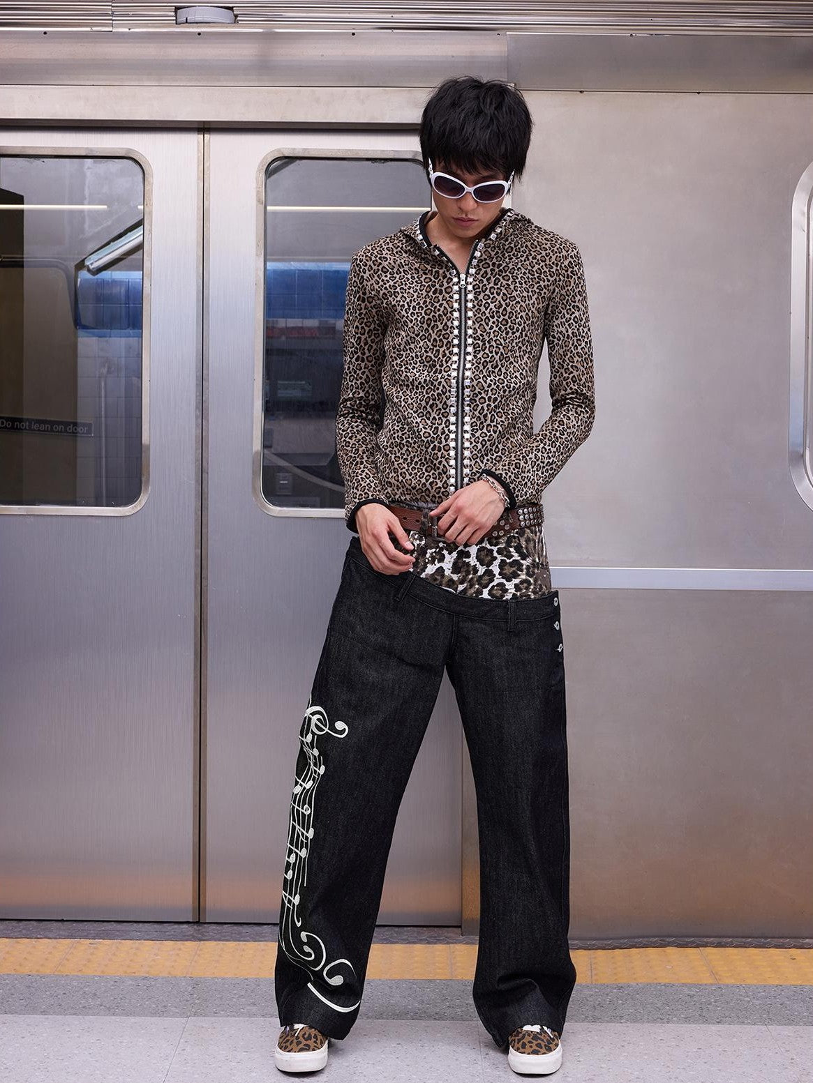NumbAsia Leopard Print Musical Note Embroidered Slanted Waist Women's Cotton Baggy Selvedge Jeans