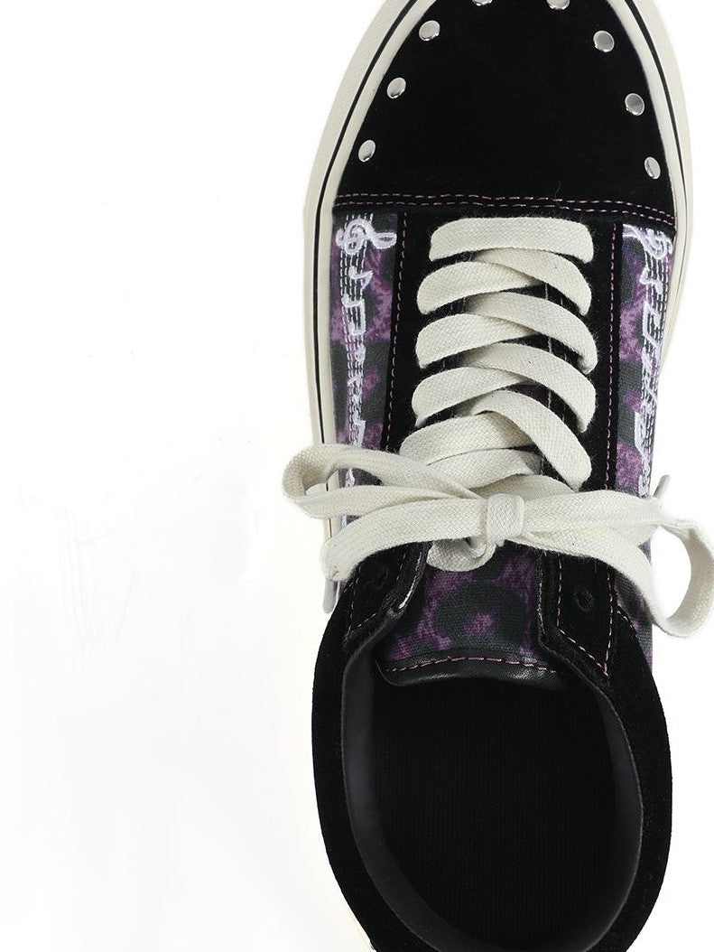 NumbAsia Leopard Print Musical Note Studded Suede Canvas Women's Low-top Sneakers