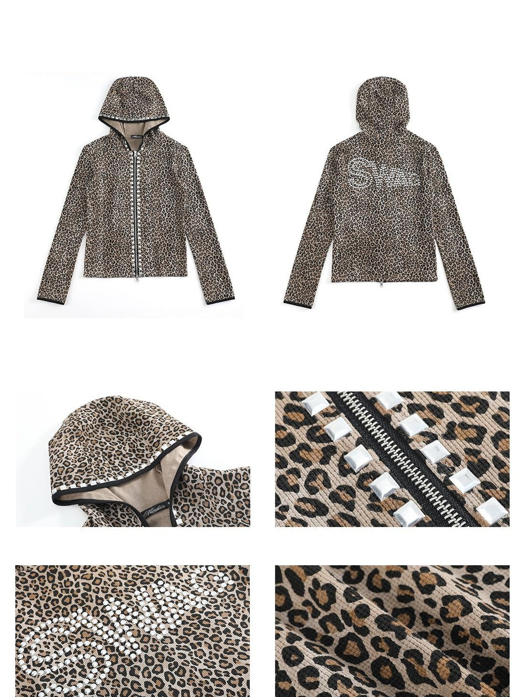 NumbAsia Leopard Print Rhinestone Streetwear Women's Slim Fit Long Sleeve Zip-up Hoodies