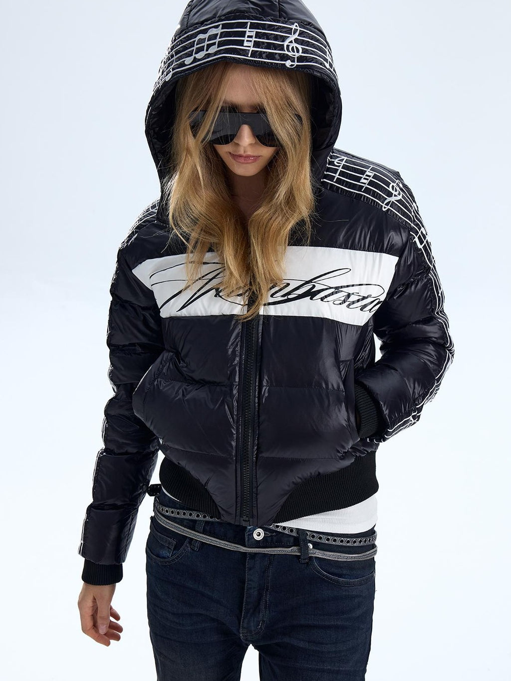 NumbAsia Note Embroidered Striped Print Women's Nylon Down Jackets