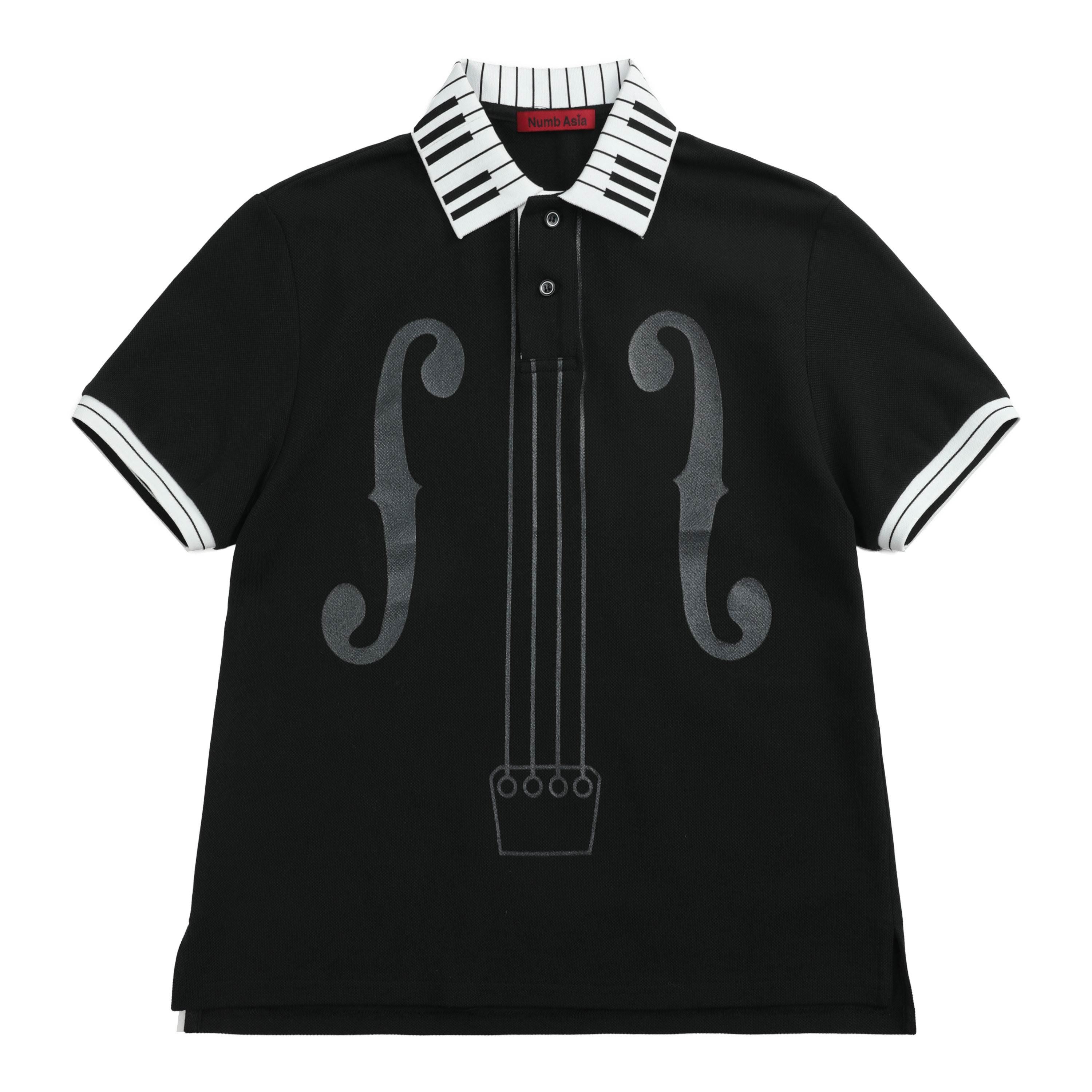 NumbAsia_Piano_Collar_Music_Note_Glitter_Print_Women's_Black_White_Short_Sleeve_T-shirts_1022240913129_MISSTT