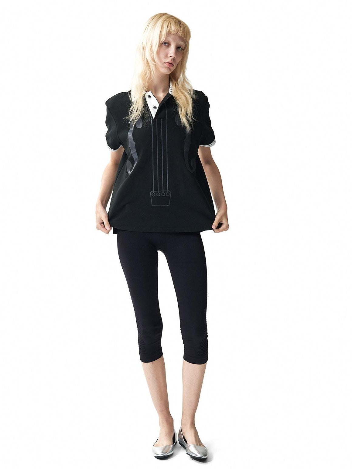 NumbAsia Piano Collar Music Note Glitter Print Women's Black White Short Sleeve T-shirts