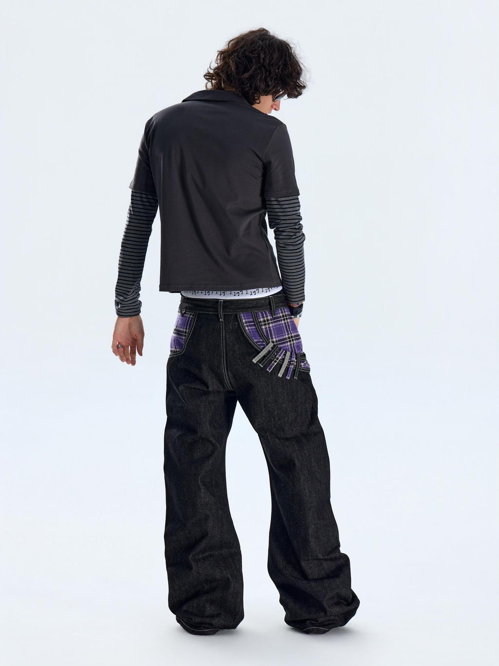 NumbAsia Plaid Patchwork Diagonal Waist Wide Leg Women's Cotton Jeans