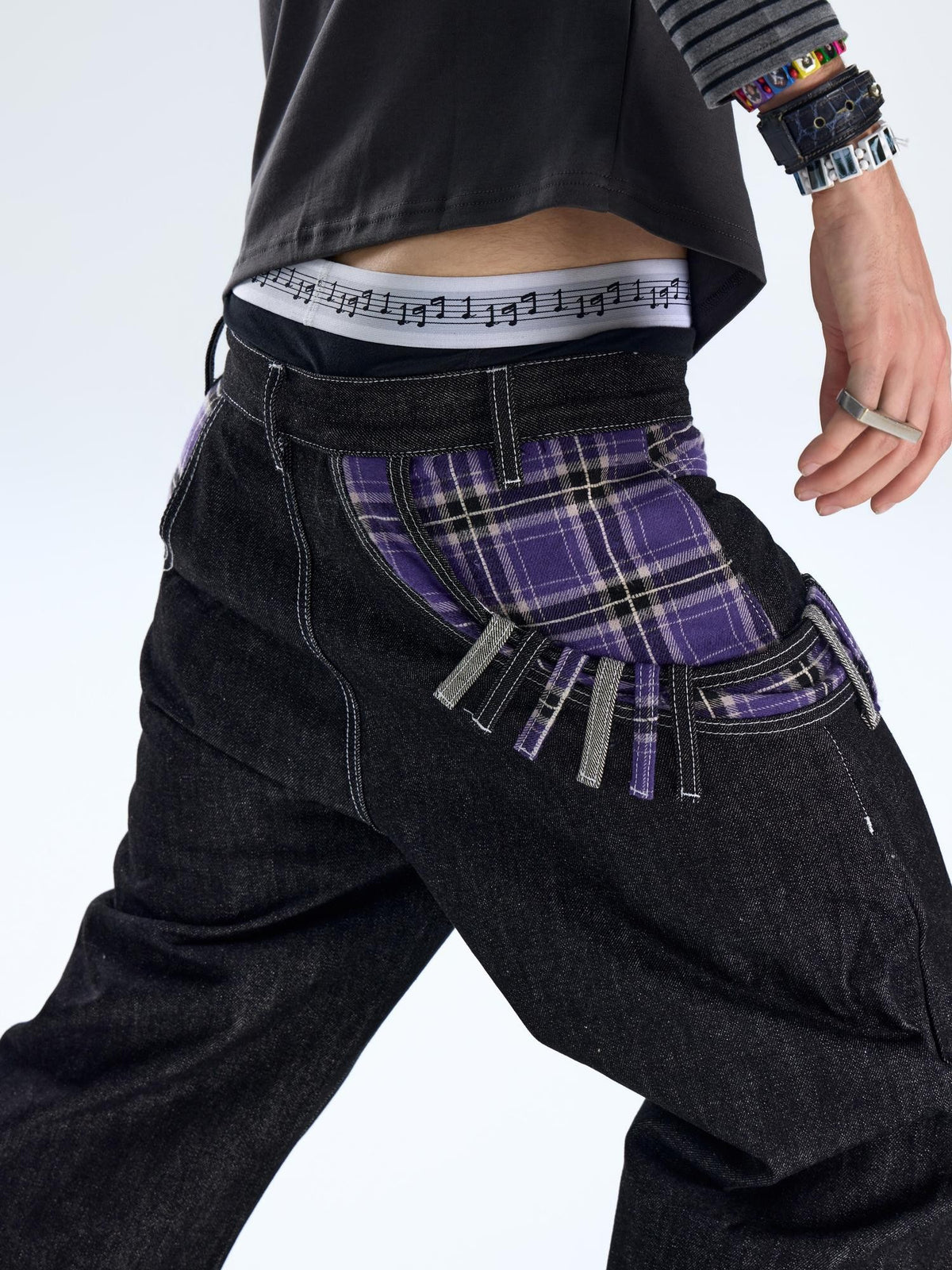 NumbAsia Plaid Patchwork Diagonal Waist Wide Leg Women's Cotton Jeans